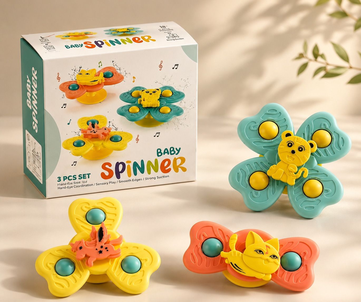 3 Pcs Baby Animal Spinner Toy, Cute Suction Cup Fidget Set (Multicolor) Rattle-image-4