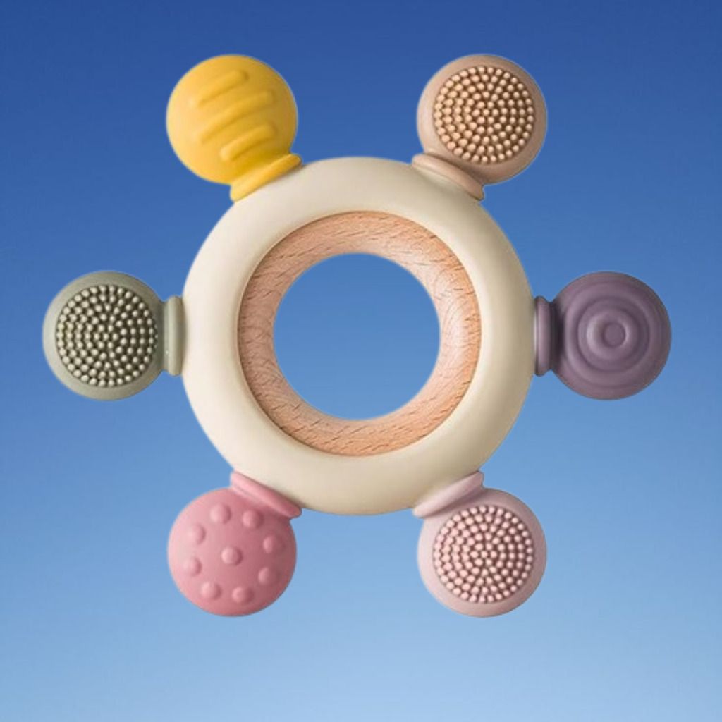 Baby Teether Toy with Multiple Texture Silicone Pads and Wooden Ring Rattle-image-6