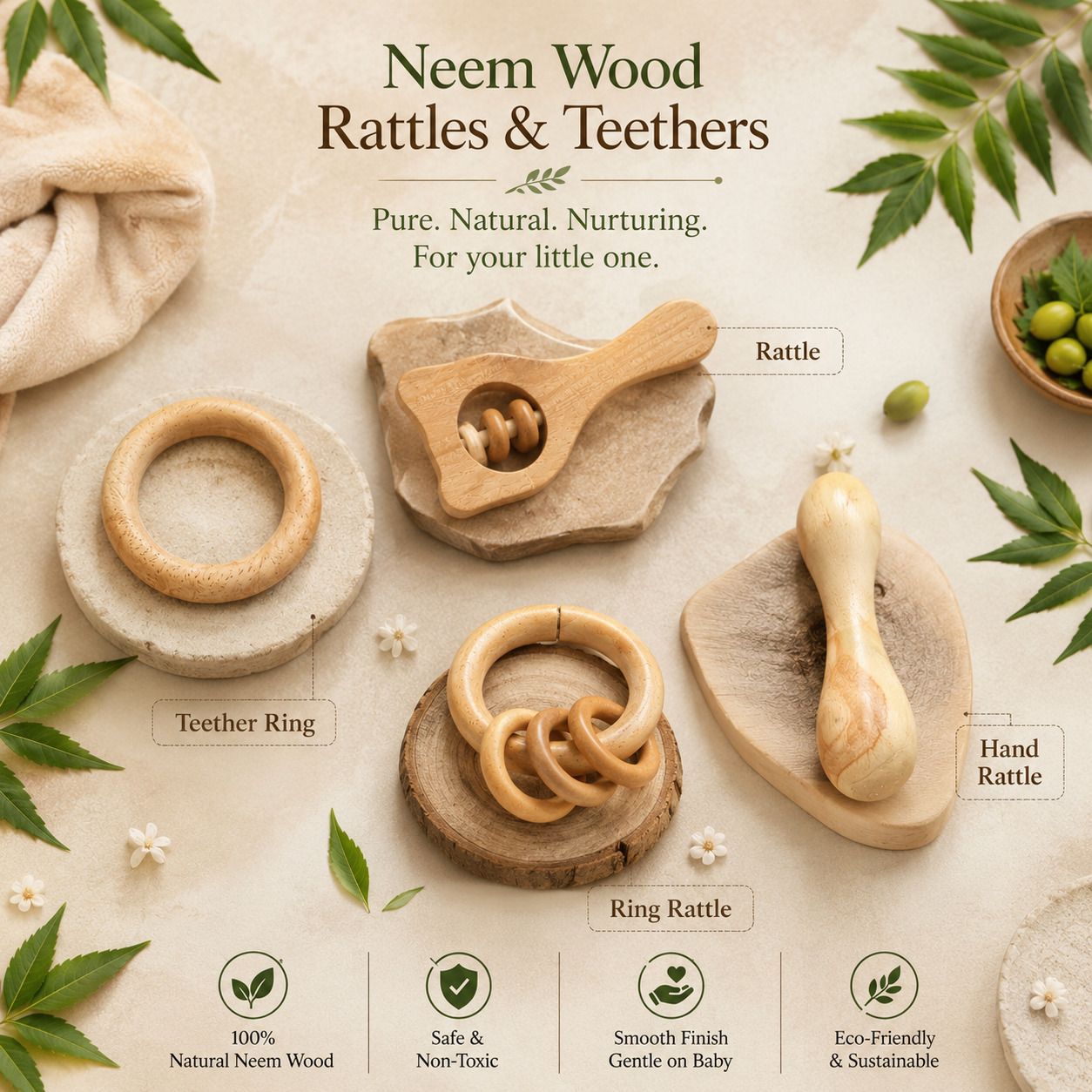 aditya creation Neem Wood Baby Rattle and Teethers Combo Set of 4 Rattle-picture-11