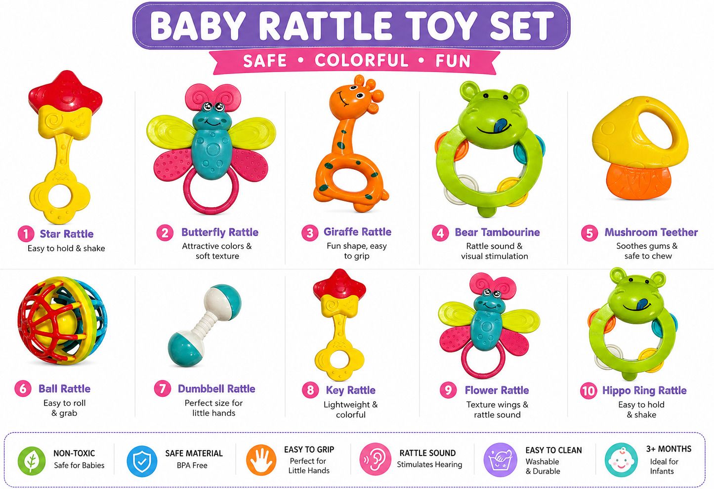 08 PCS Baby Rattle & Teether Gift Set for Newborns Rattle-image-3