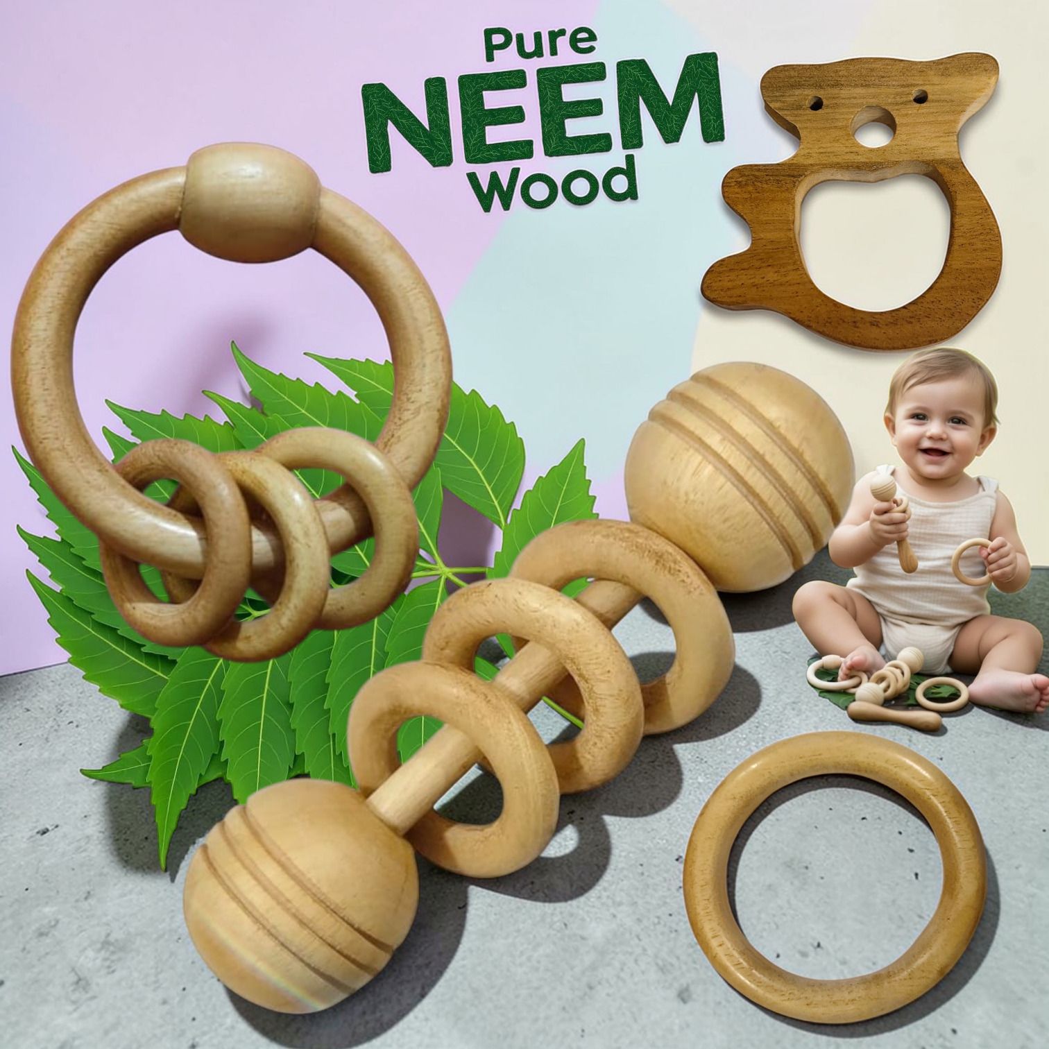 Natural Neem Wood Baby Rattle Teether Set | Handmade Wooden Toys for Babies Rattle-image-27