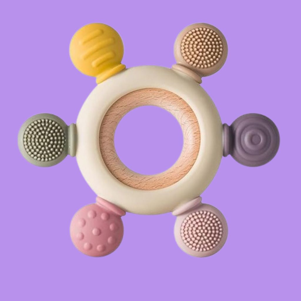 spmse Infant Chew Ring with Wooden Handle and Silicone Teething Pads Rattle-picture-41