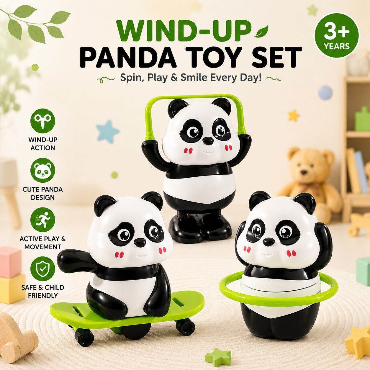 3-Panda Wind-Up Hoop Toy for Kids, Manual Key Operated Spinning Toy_ 3+ Years Rattle-image-11