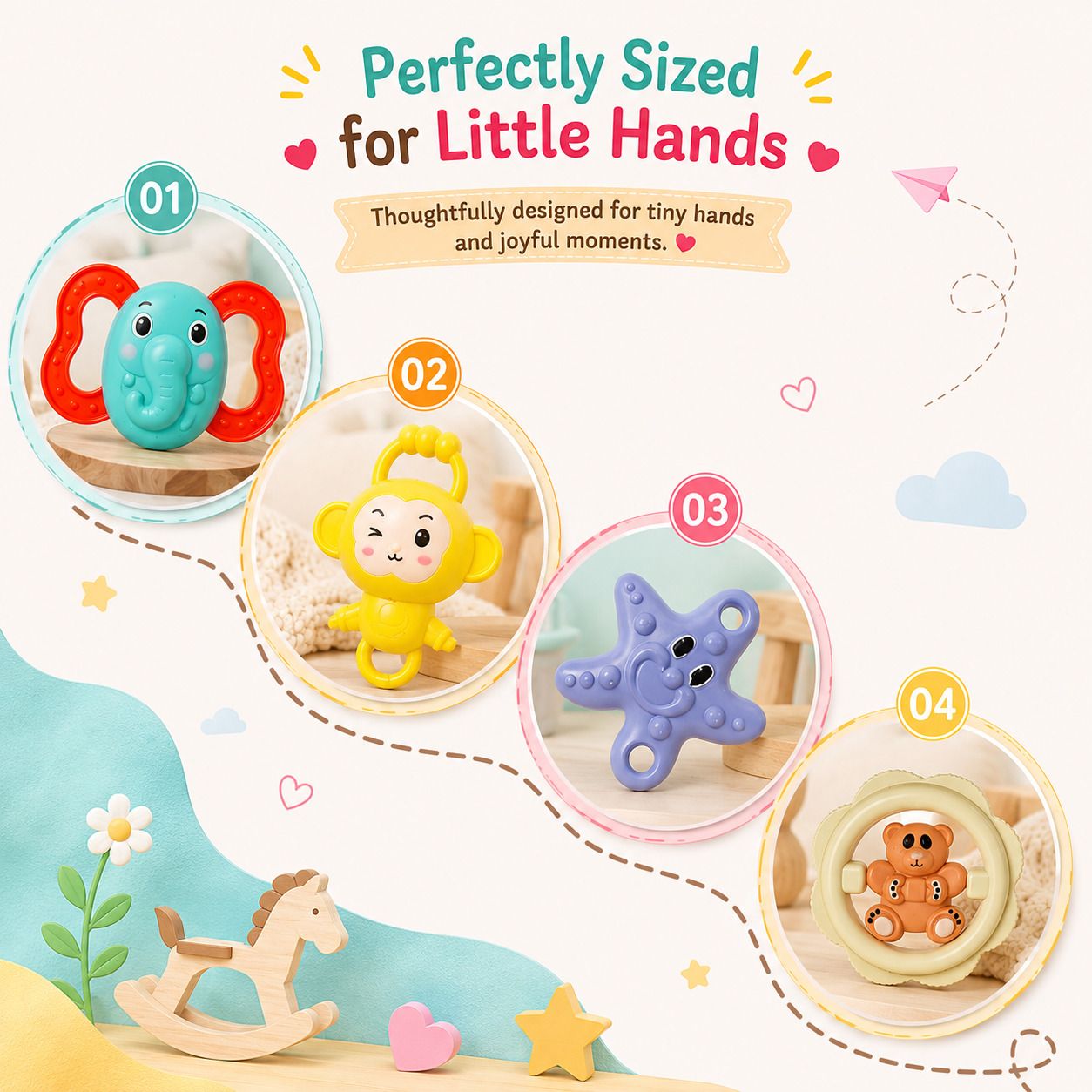 Infant Activity Toy Set - Starfish | Elephant | Monkey | Teddy Ring (Pack Of 4) Rattle-image-41