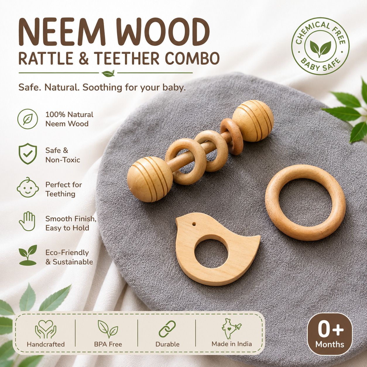 shreeja shilpcraft Neem Wood Baby Rattle with Bird Shape Teether and Ring Teether Rattle-picture-40