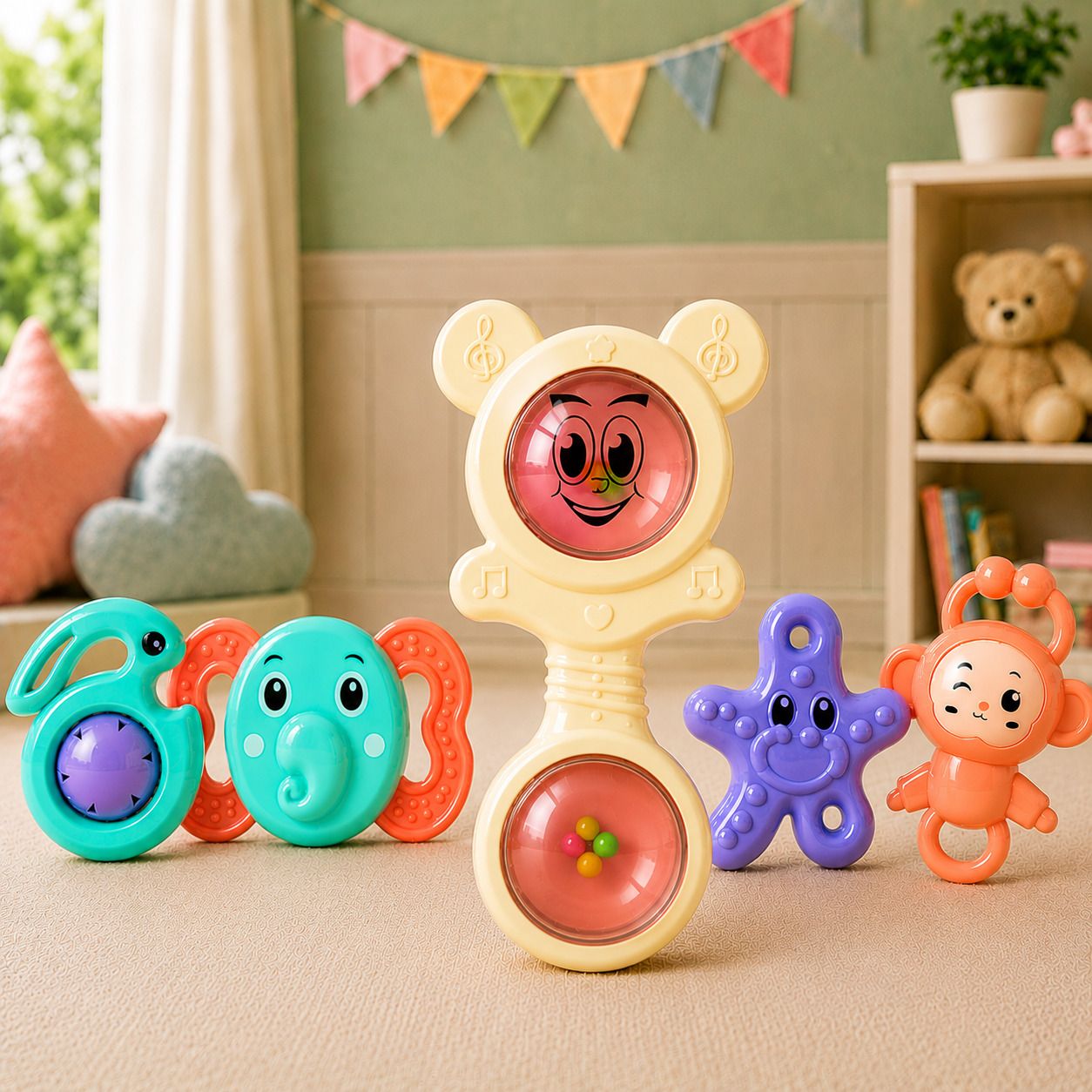 traort Wonder Wiggle Rattle Set - Bunny⬩Baby Phone⬩Starfish⬩Elephant⬩Monkey (Pack Of 5) Rattle-picture-45