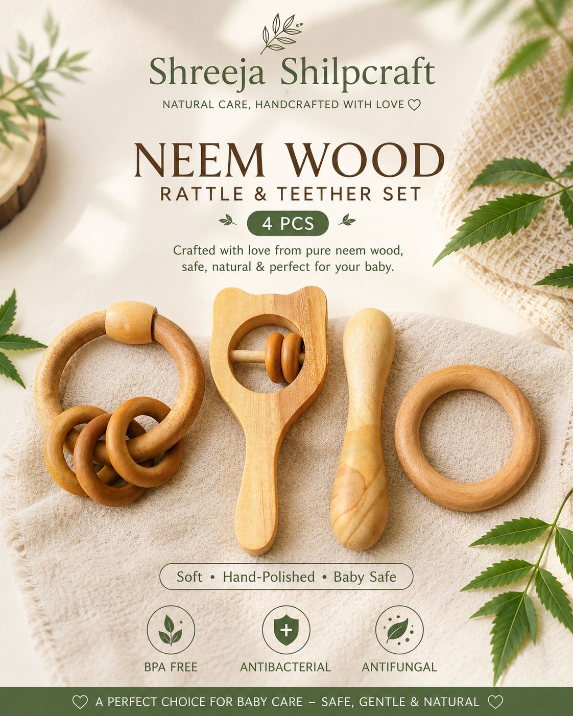 shreeja shilpcraft Natural Neem Wood Rattle Teether Teething Toy for baby Antibacterial Rattle-picture-16