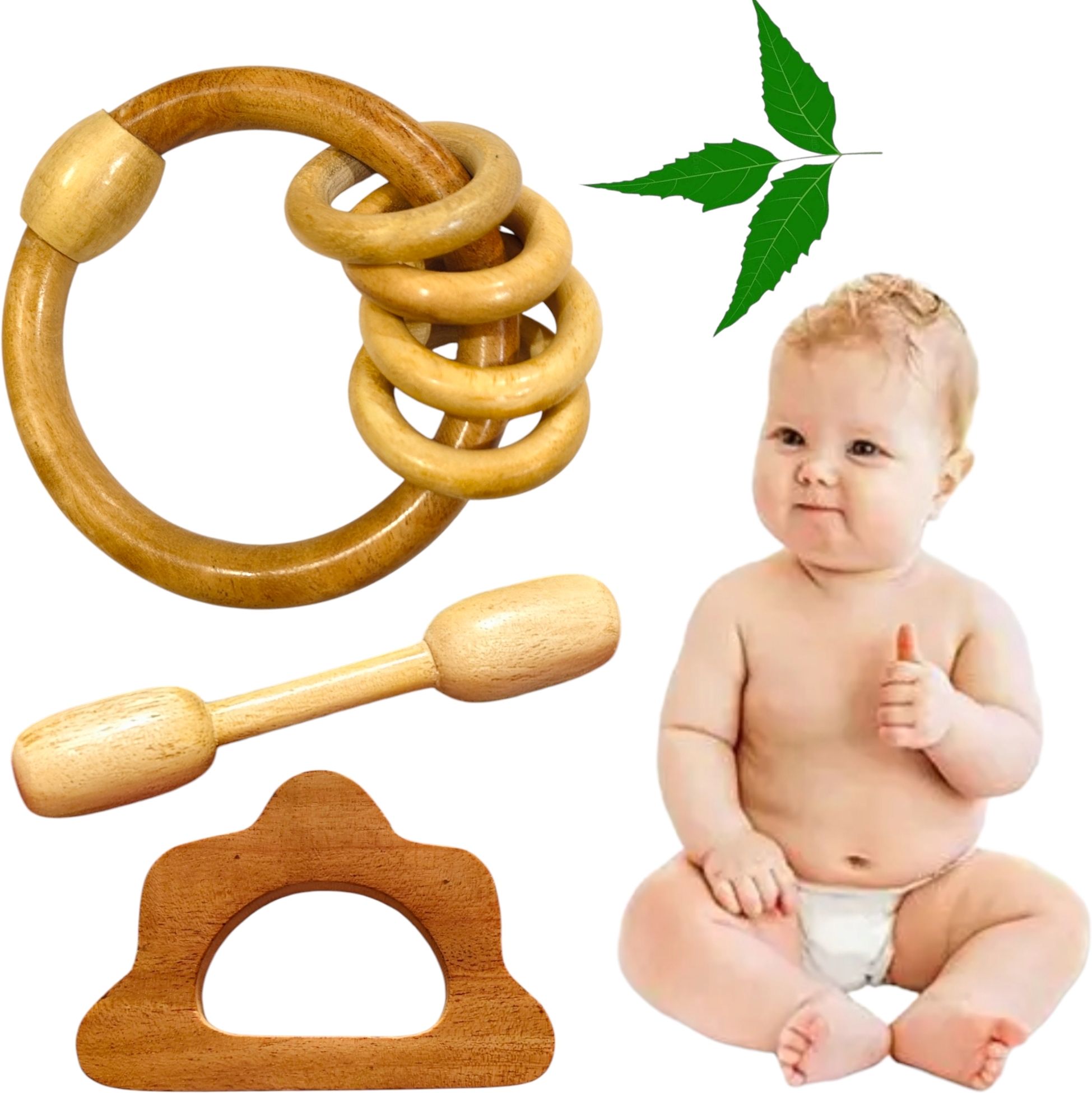 Natural Neem Wood Ring Inside Ring Rattle with Dumbbell and Cloud Shape Teether Rattle
