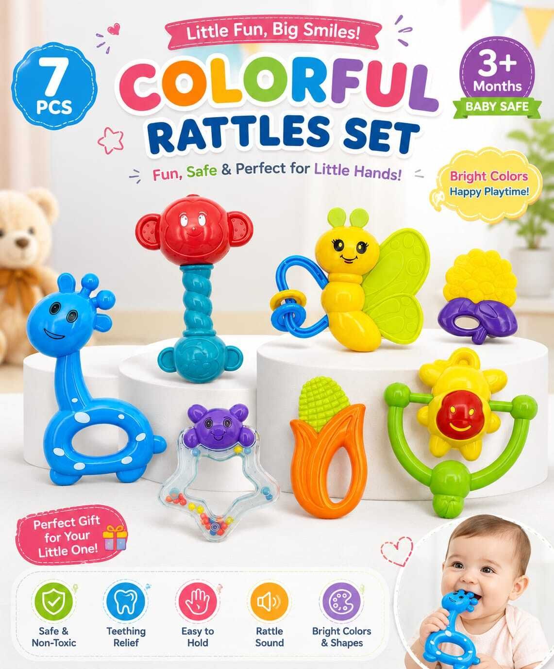 7 Pcs Baby Rattles & Teethers Toys for Kids| Kids Toys Set for Newborn(3+) Rattle-image-11