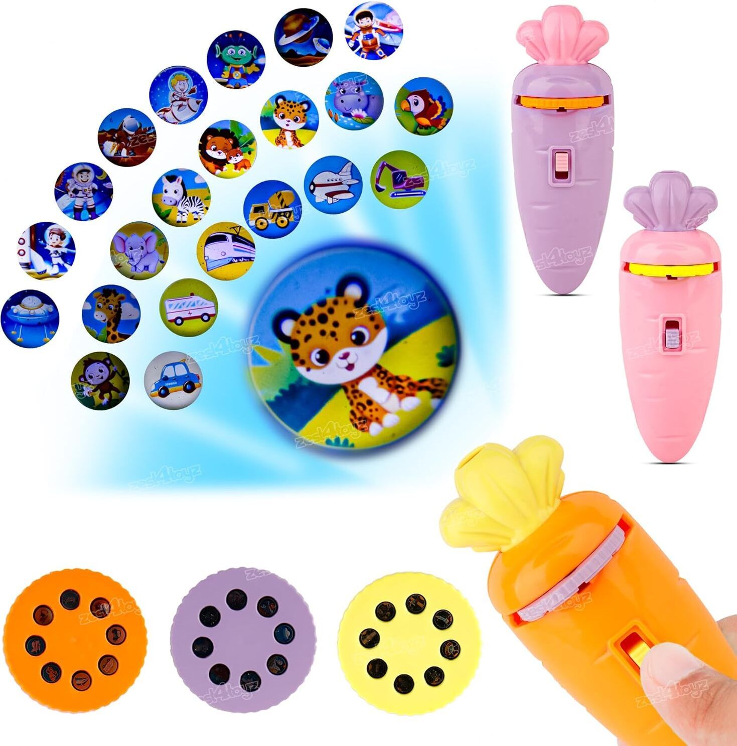 Carrot Shape Projector and Flashlight Toy for Kids with 3 Slides 24 Projections
