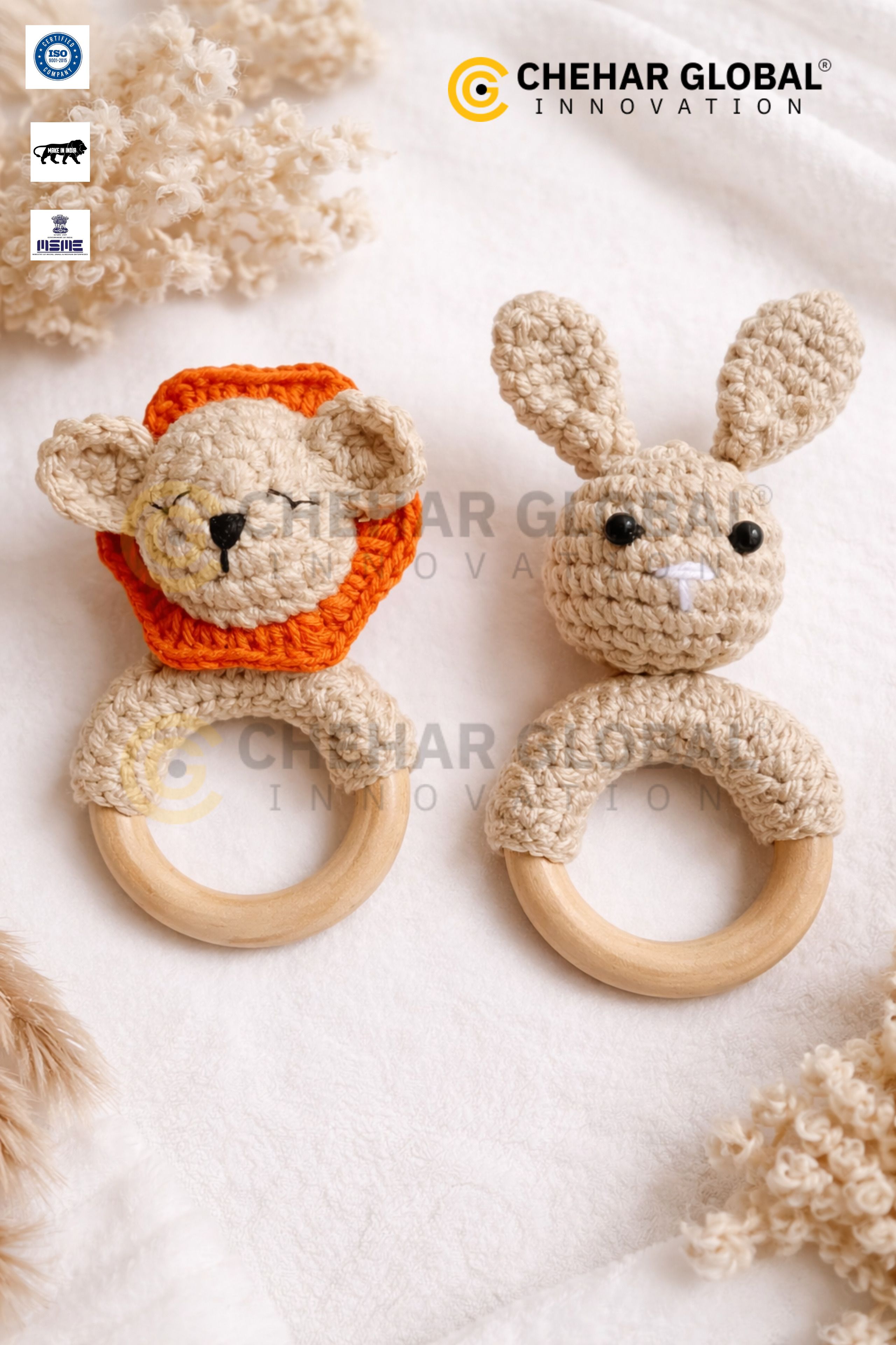 Crochet Baby Rattle with Wooden Ring Sensory Toy (Rabbit-Lion) Rattle-image-19