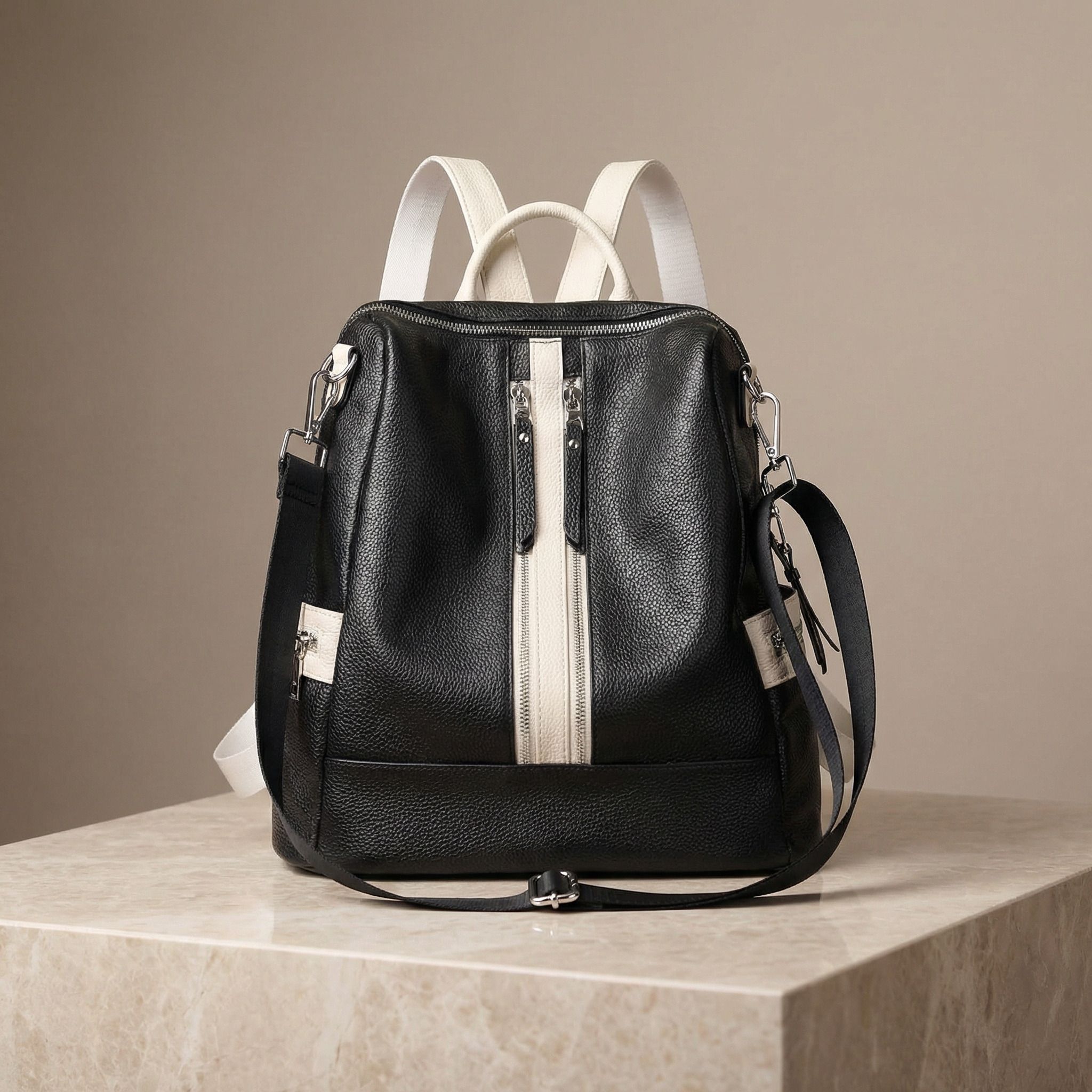Small 20 L Laptop Backpack black & white pu leather anti theft women backpack | office casual backpack-image-4