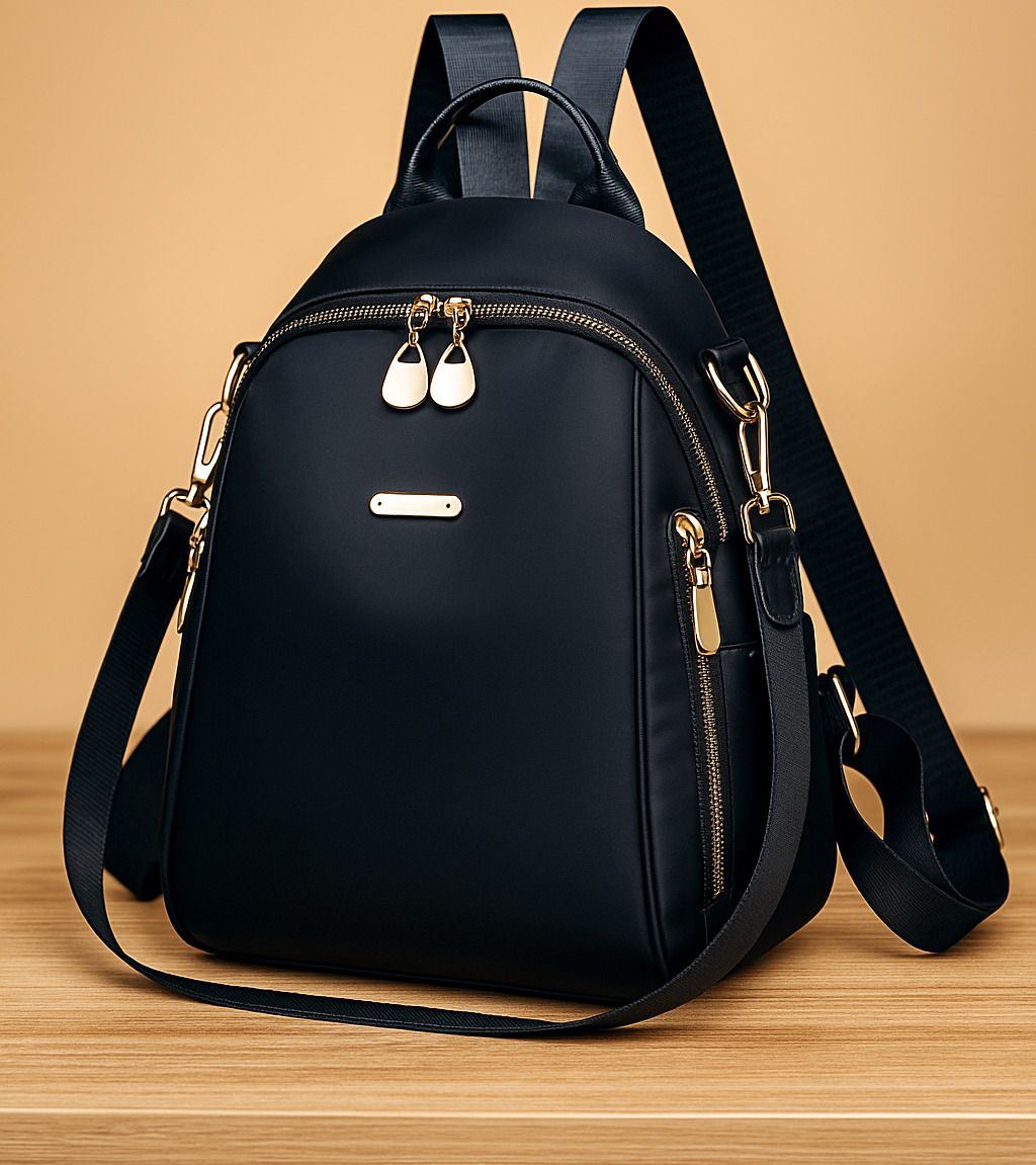 Small 15 L Backpack Trendy women’s backpack handbag with a sleek solid black look and golden zippers-image-12