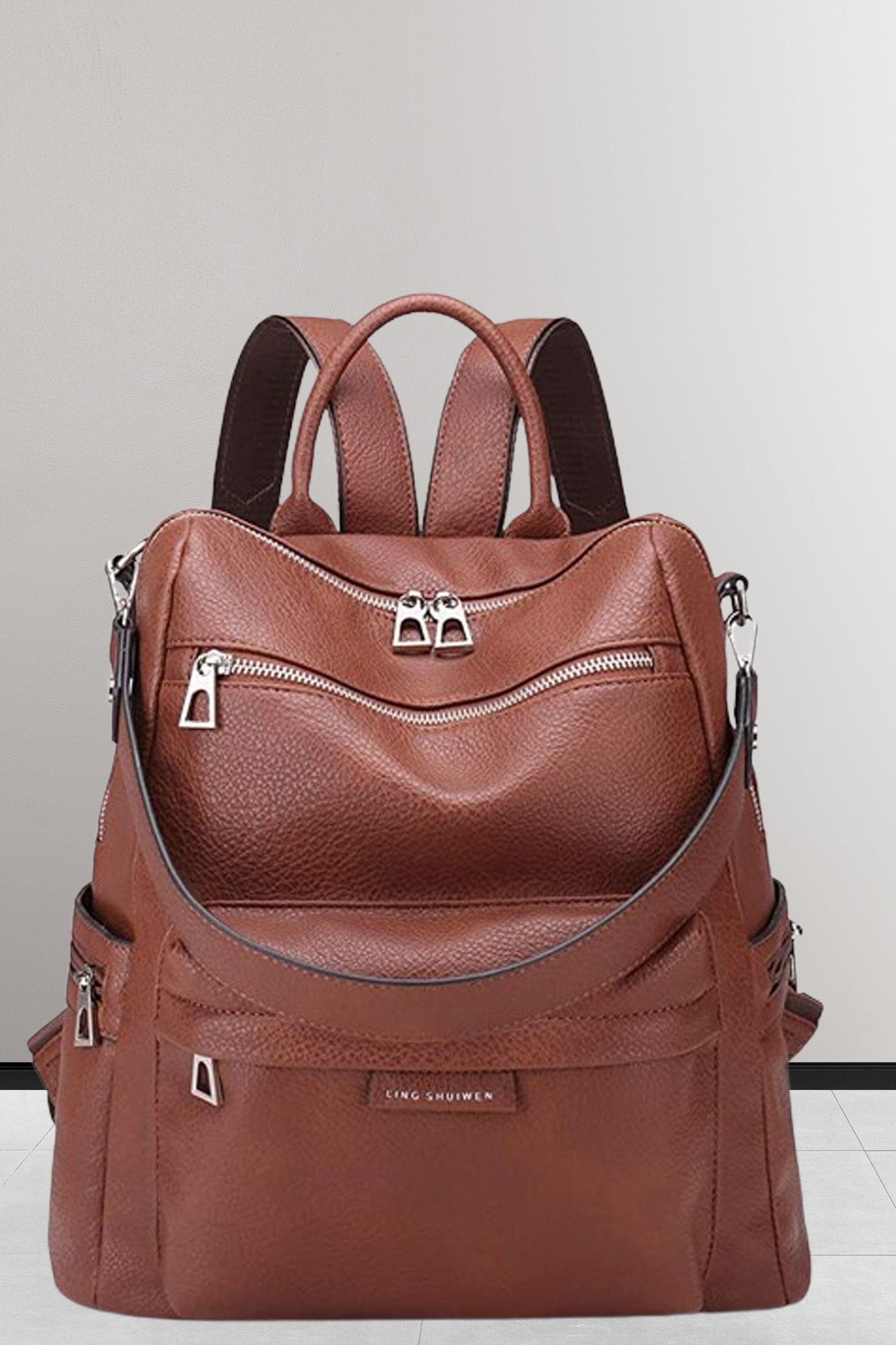 Medium 27 L Backpack Women Convertible Travel Vintage PU Leather Shoulder (Black)-image-45