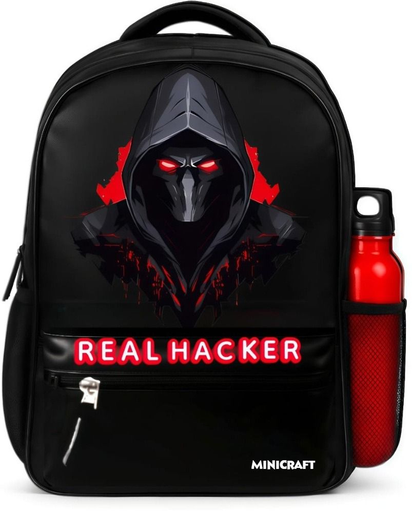 Medium 30 L Laptop Backpack Real Hacker Black School Backpack for Boys, Printed Bag with Water Bottle Holder