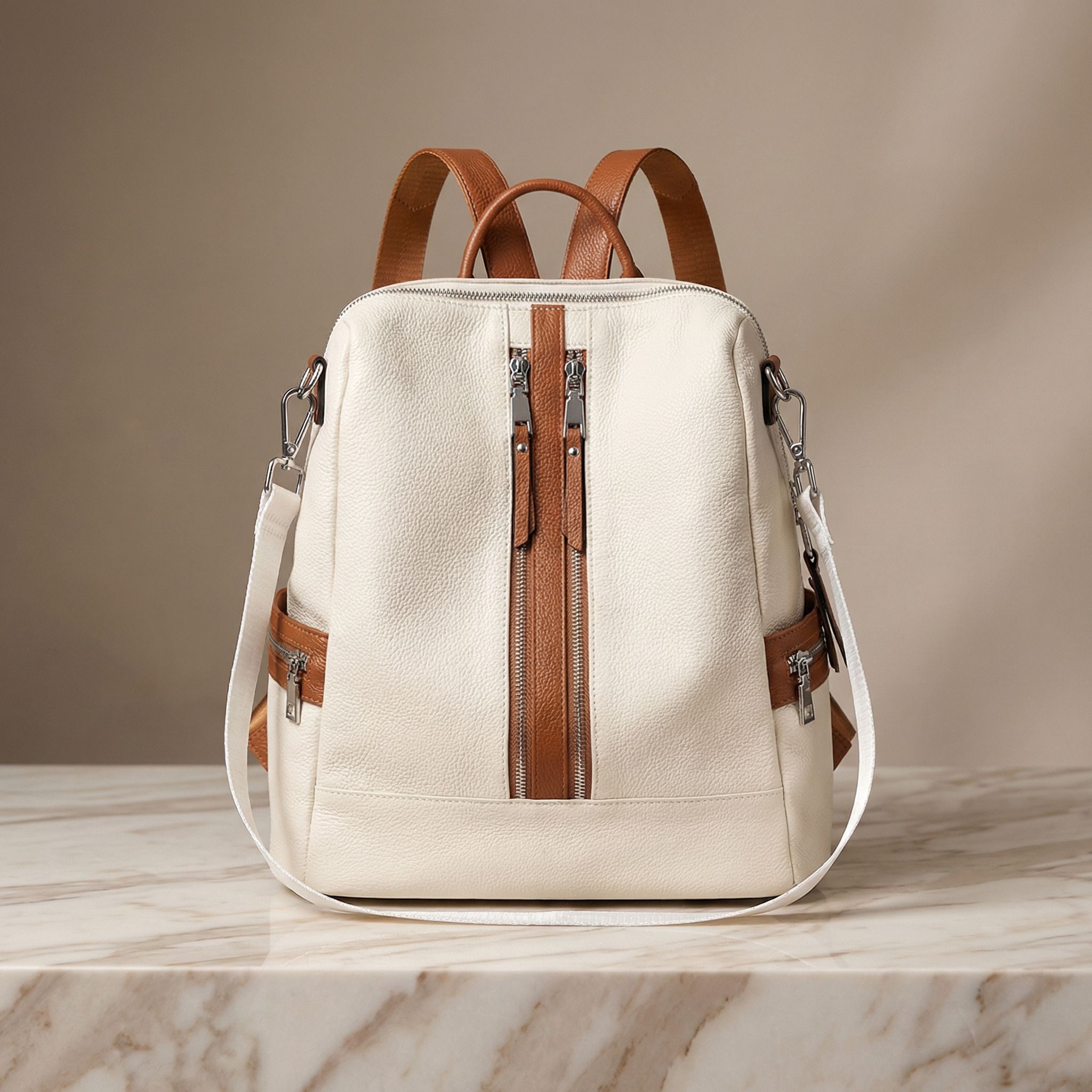 Small 20 L Laptop Backpack beige & tan pu leather anti theft women backpack | office casual backpack-image-27
