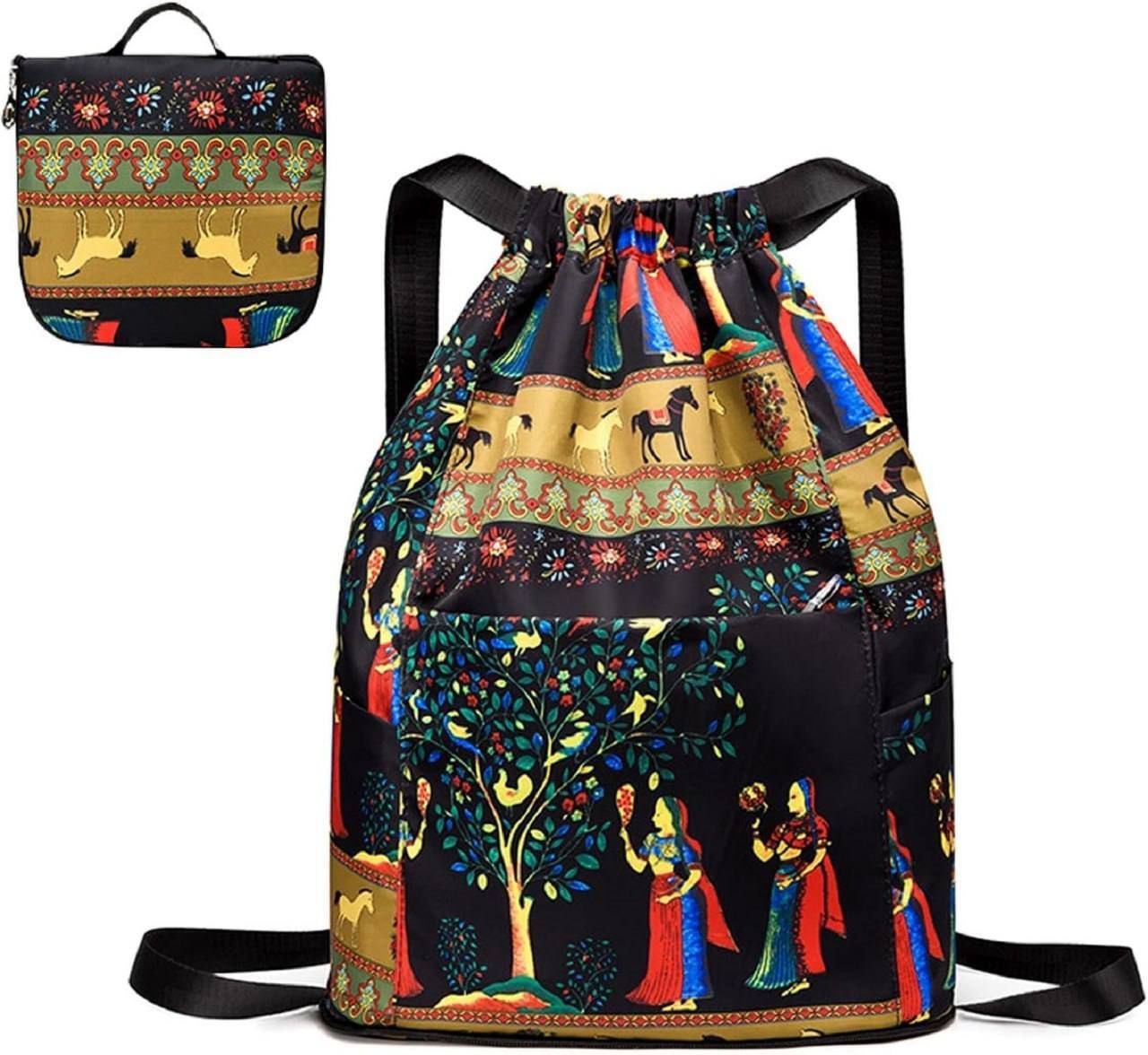 Small 10 L Backpack Women Stylish Ethnic Printed Canvas Drawstring Backpack-image-2