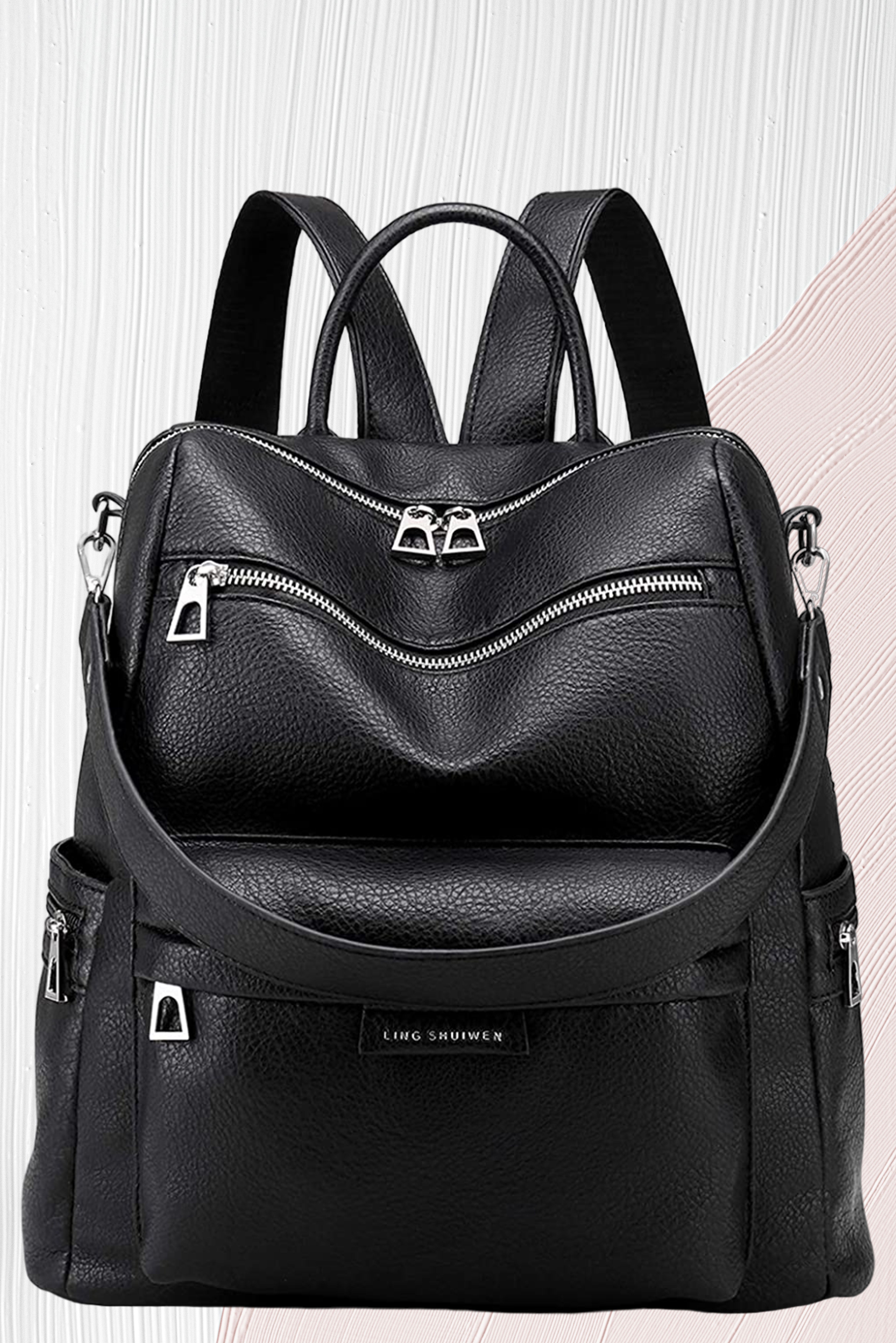 Medium 25 L Backpack Women Convertible Travel Vintage PU Leather Shoulder (Black)-image-47
