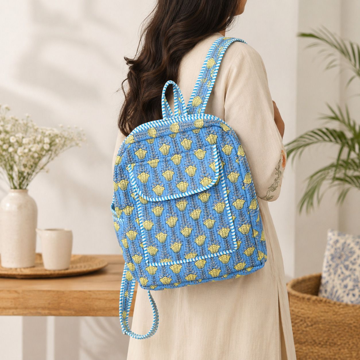natriel Small 3 L Backpack Classic Blue Blossom Cotton Backpack - Hand Block Print-picture-16