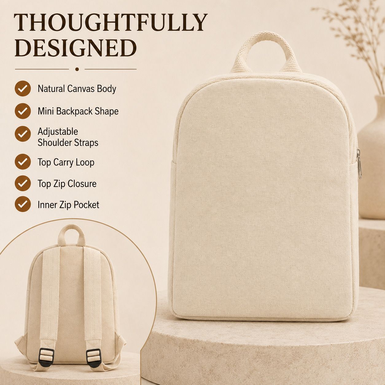 Small 4 L Backpack Cotton Canvas Mini Backpack with Adjustable Straps-image-2