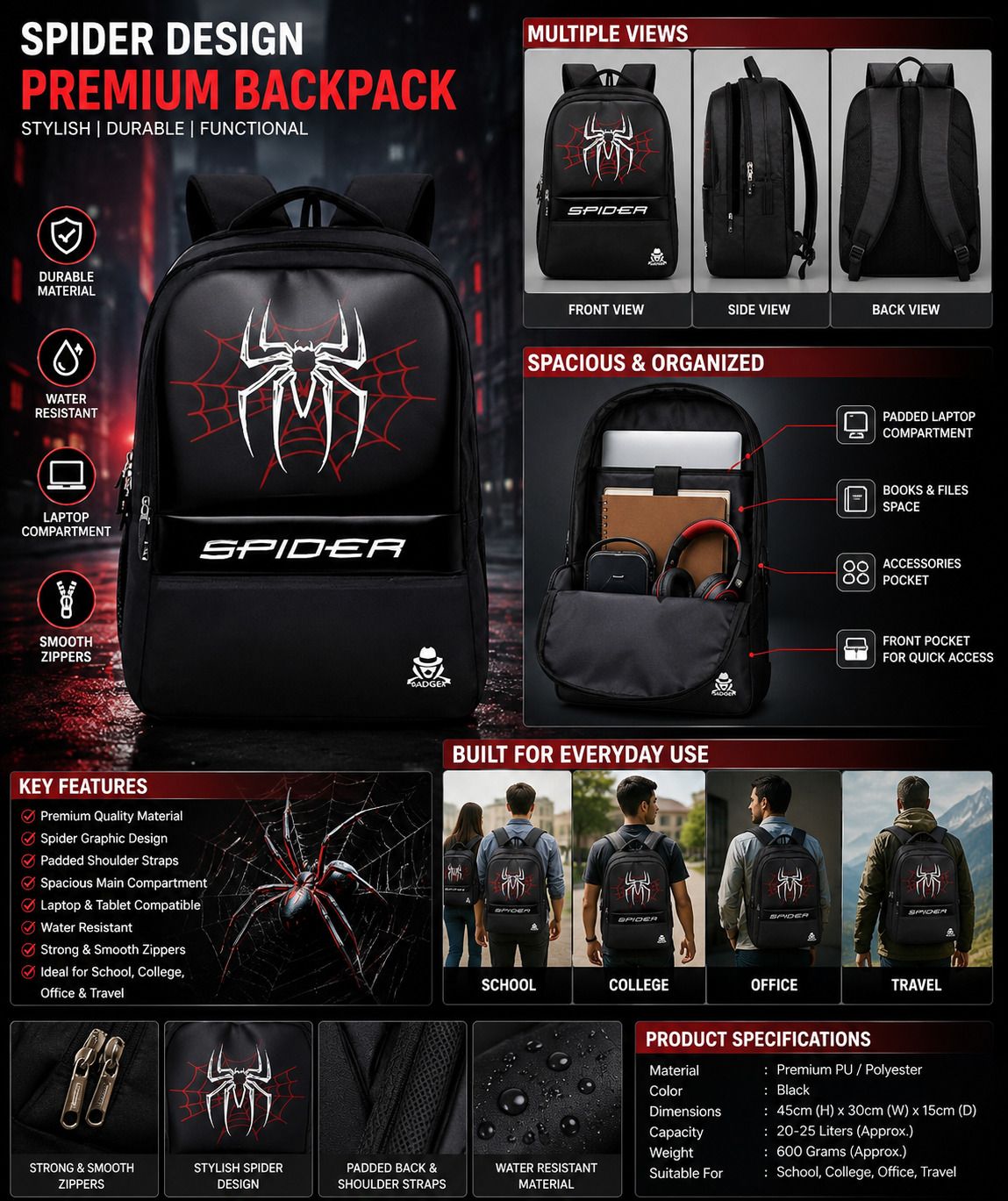r bundela store Medium 25 L Laptop Backpack SPIDER-BACKPACK-BLACK-picture-25