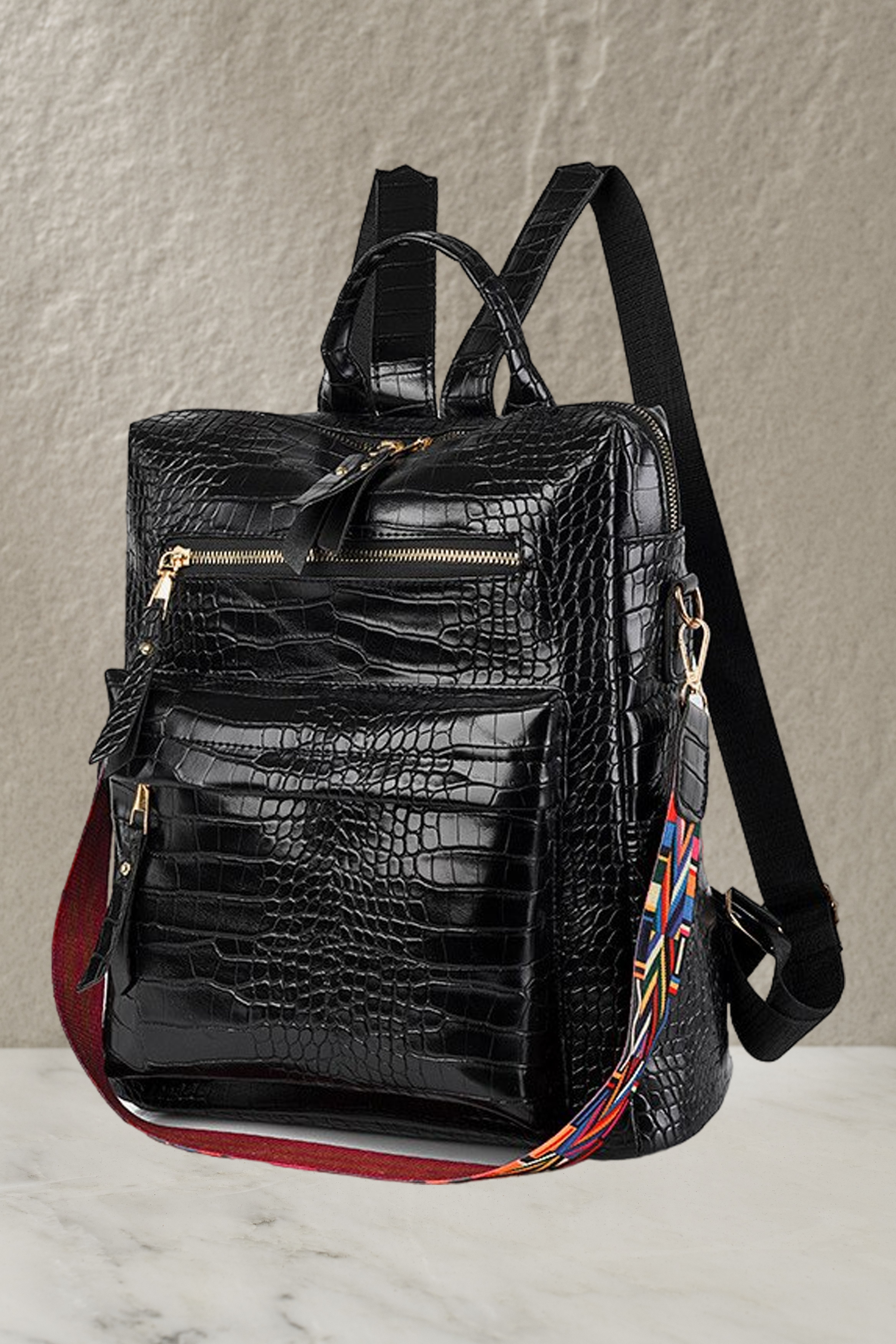 Medium 25 L Backpack Black Big Croco Backpack0 Women Leather Shoulder Bag Anti theft Travel-image-47