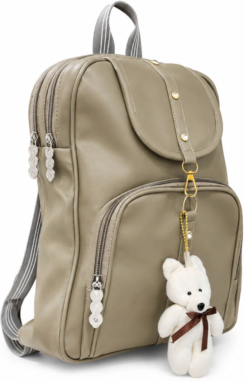 Small 1 L Backpack Women's Stylish Beige PU Leather Backpack with Teddy Bear Keychain-image-25