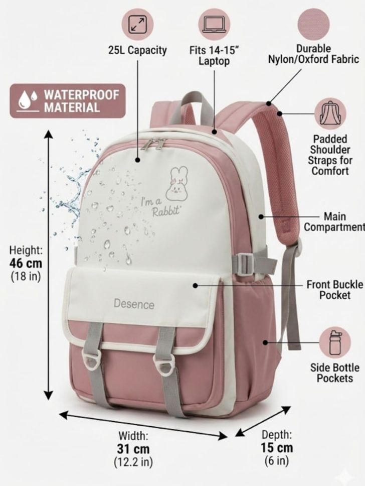 Medium 25 L Laptop Backpack Lightweight Pink Laptop Bag for College, School & Travel-image-6
