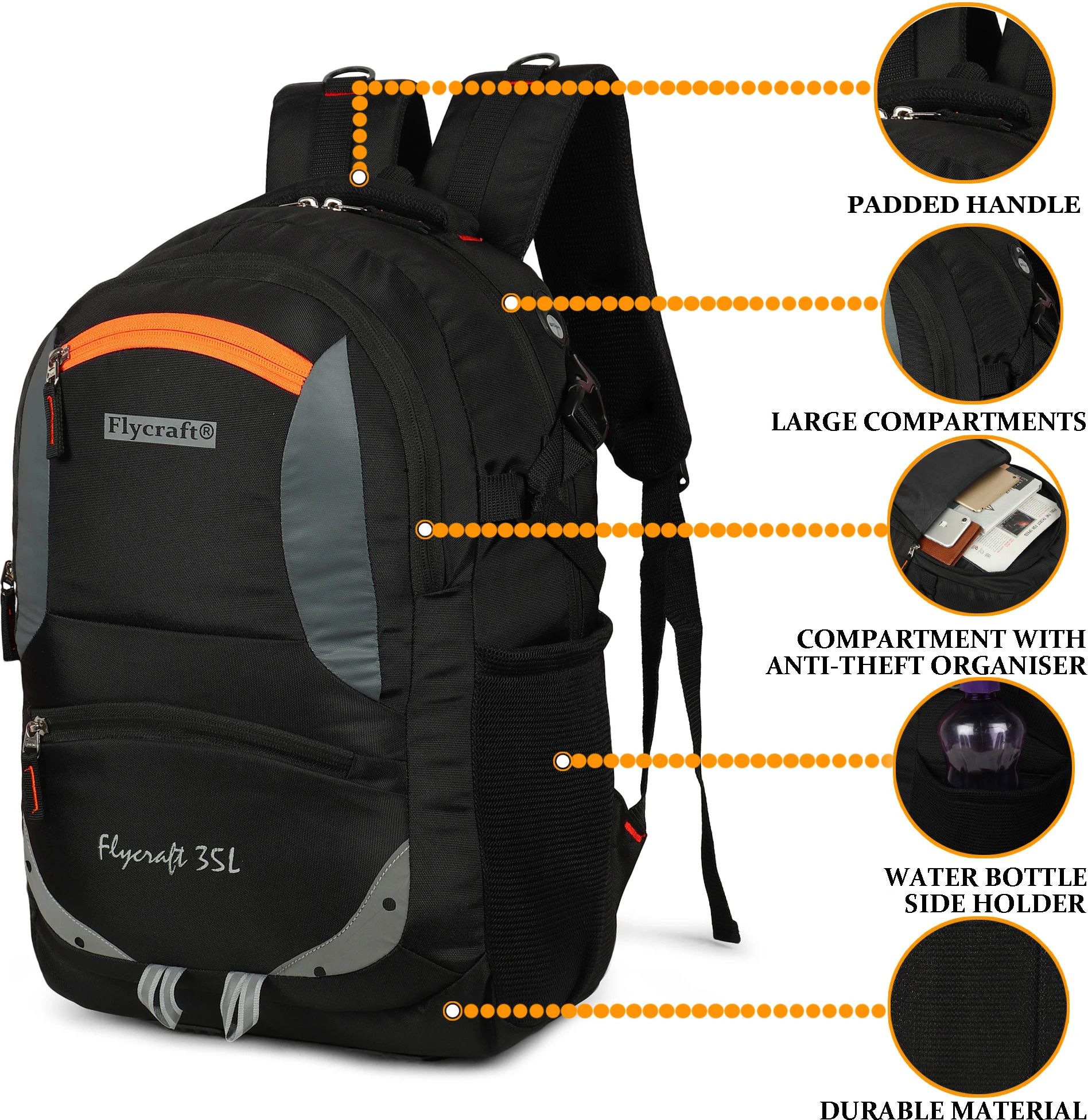 simna.1381/2 black orange spacy unisex laptop backpack and travel bag office bag with reflective strip style. Waterproof Backpack-image-12