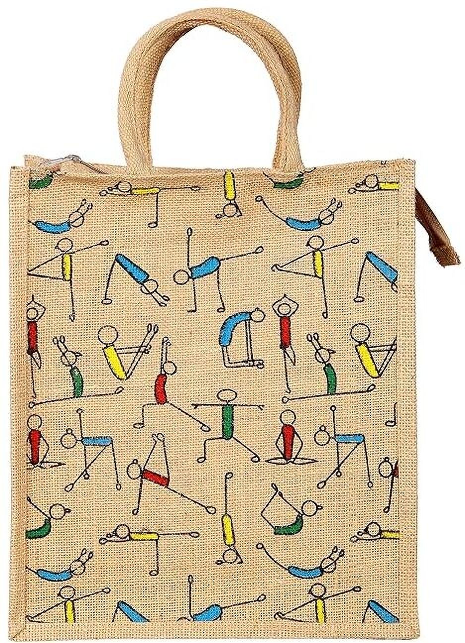 Reusable Yoga Printed Jute Lunch Bag, Sturdy Handle with Zipper Lock Lunch Bag-image-31