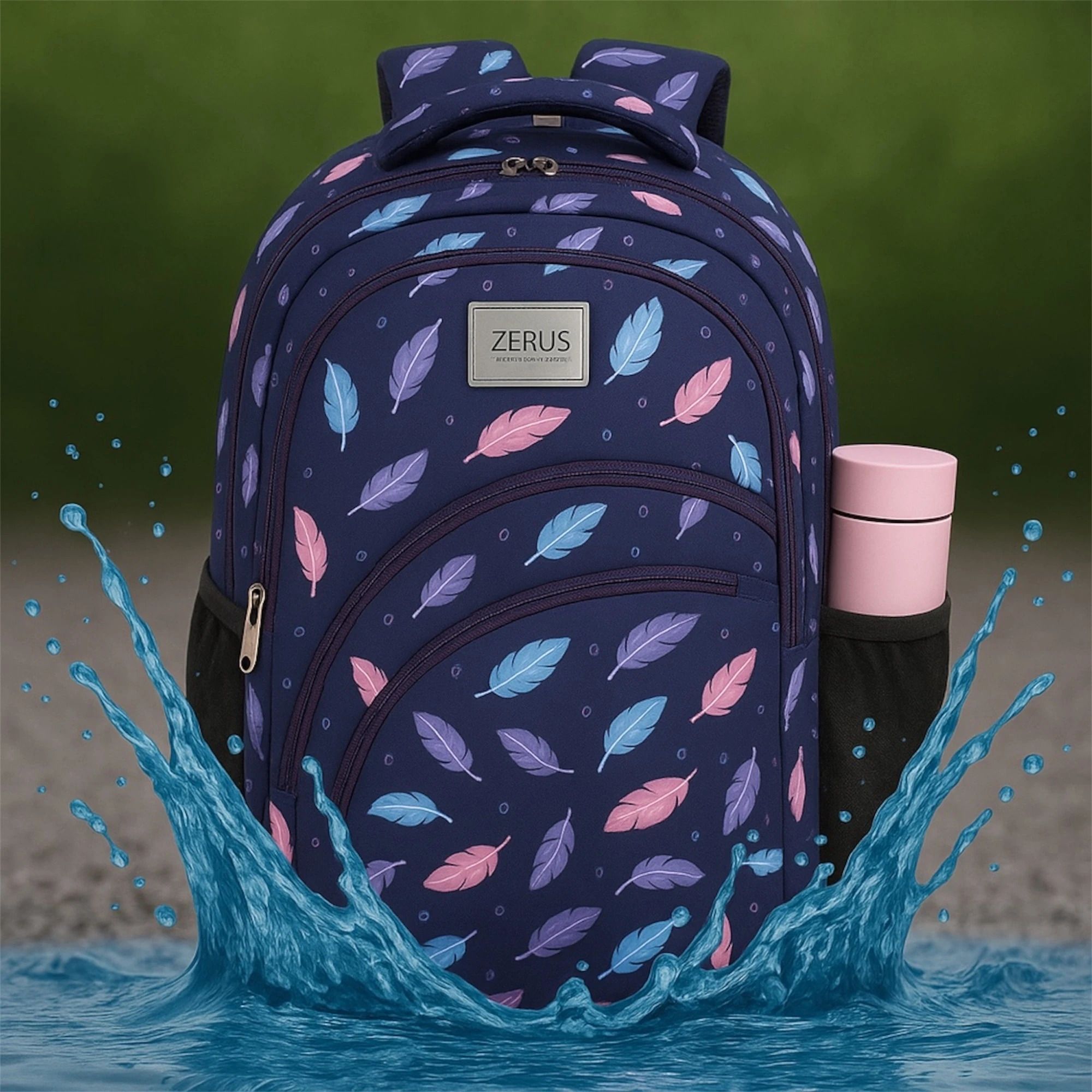 Feather Print Girls School Backpack Lightweight Stylish Navy Blue Bag Waterproof School Bag-image-20