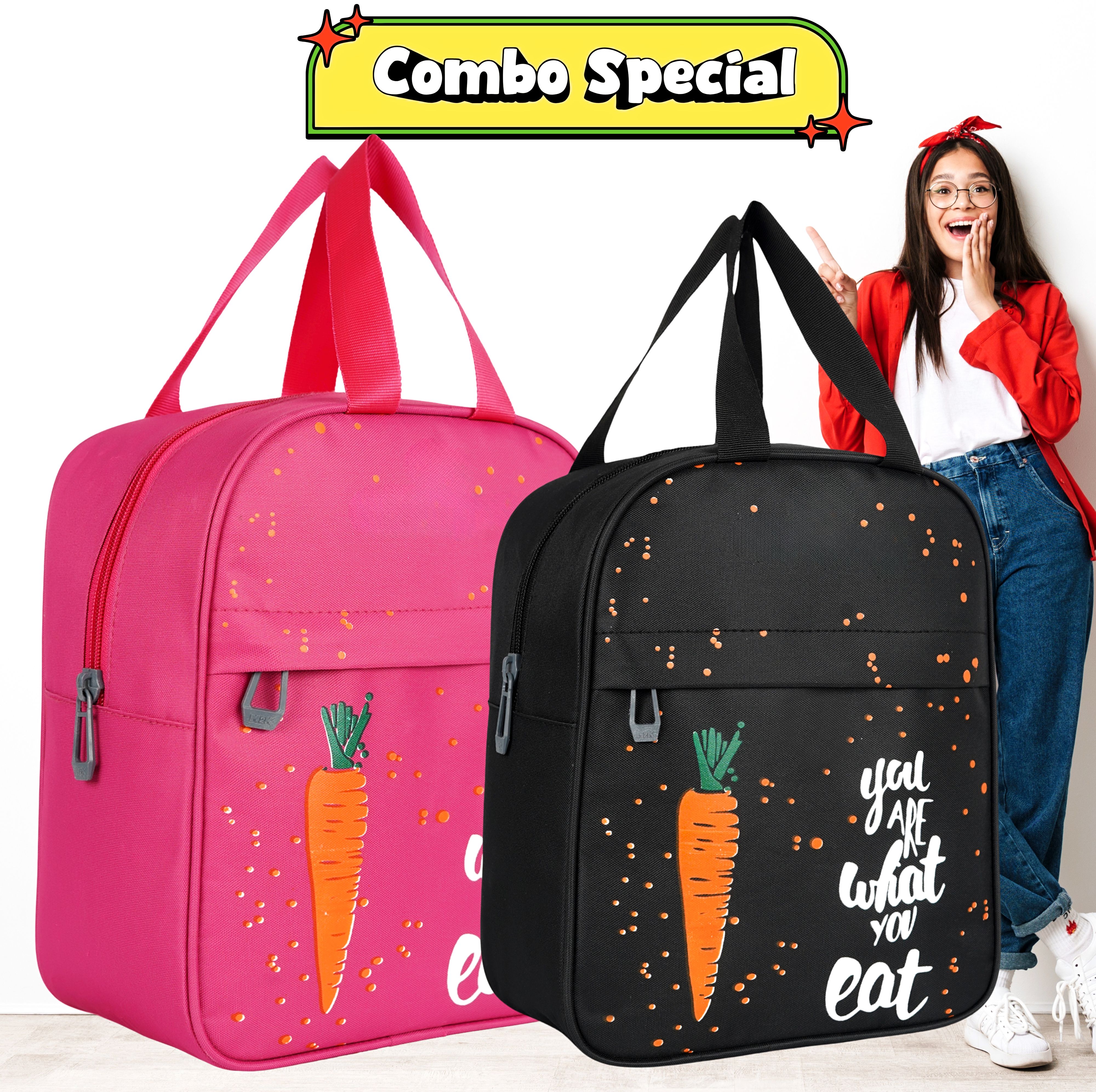 Tiffin Lunch Bag Carrot Design Pack Of 2 Pink & Black Waterproof Lunch Bag-image-48