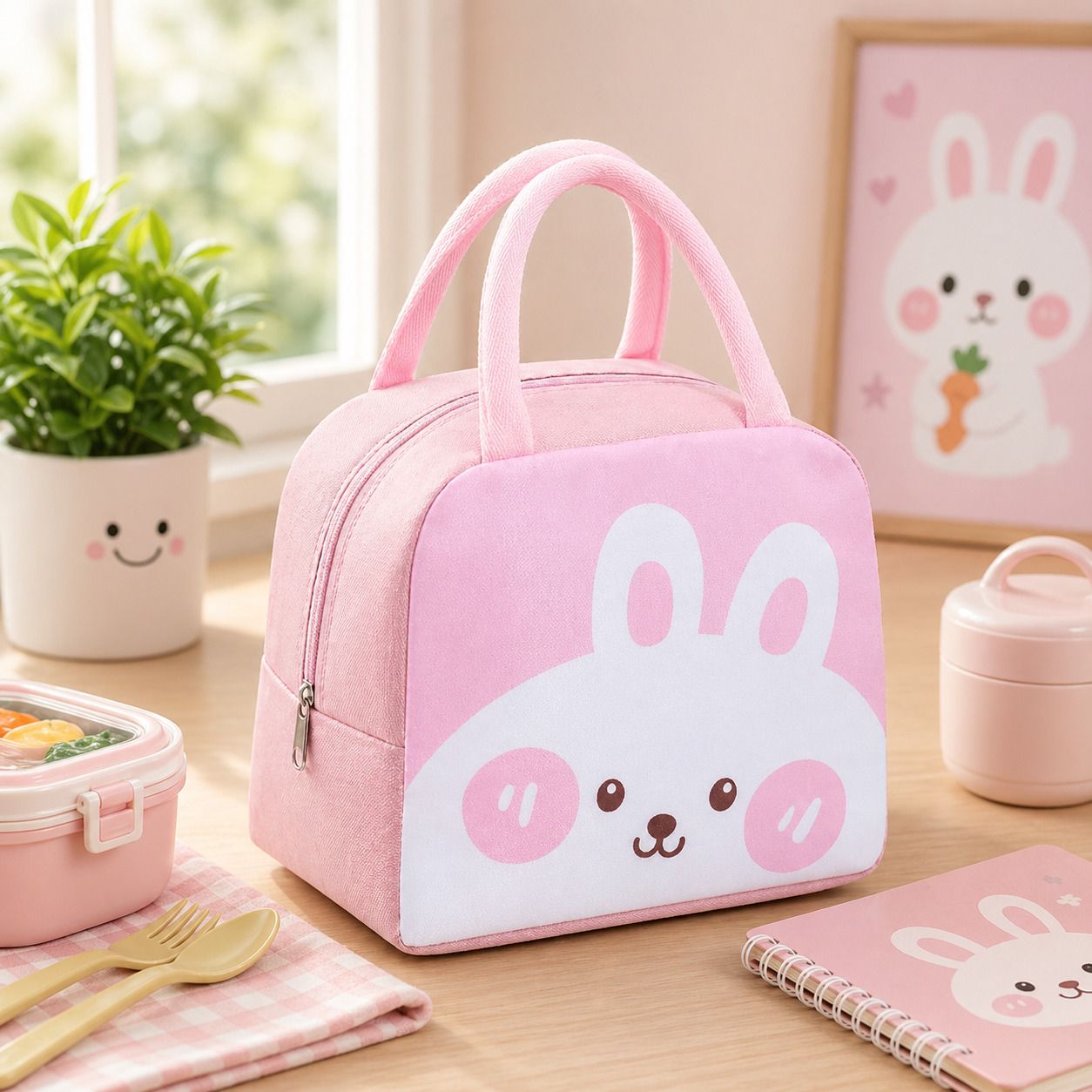 Simple Style Peach Rabbit Design Insulated Lunch Bag for Keep Meals Fresh Waterproof Lunch Bag-image-1