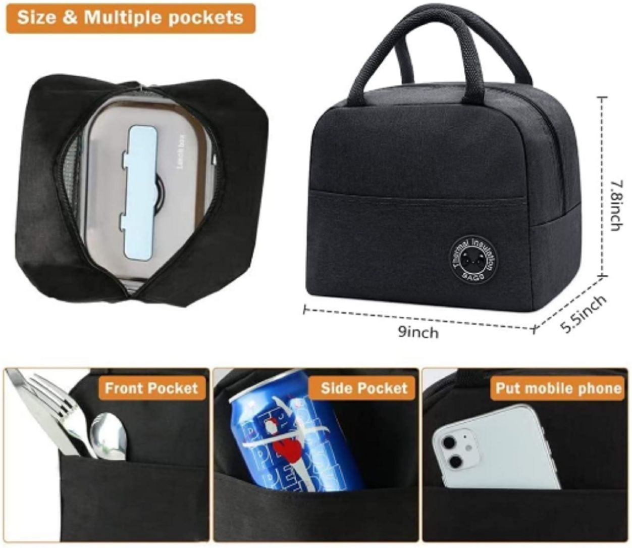 Black Insulated Lunch Bag | Waterproof Tiffin Bag for Office, School & Travel Waterproof Lunch Bag-image-29