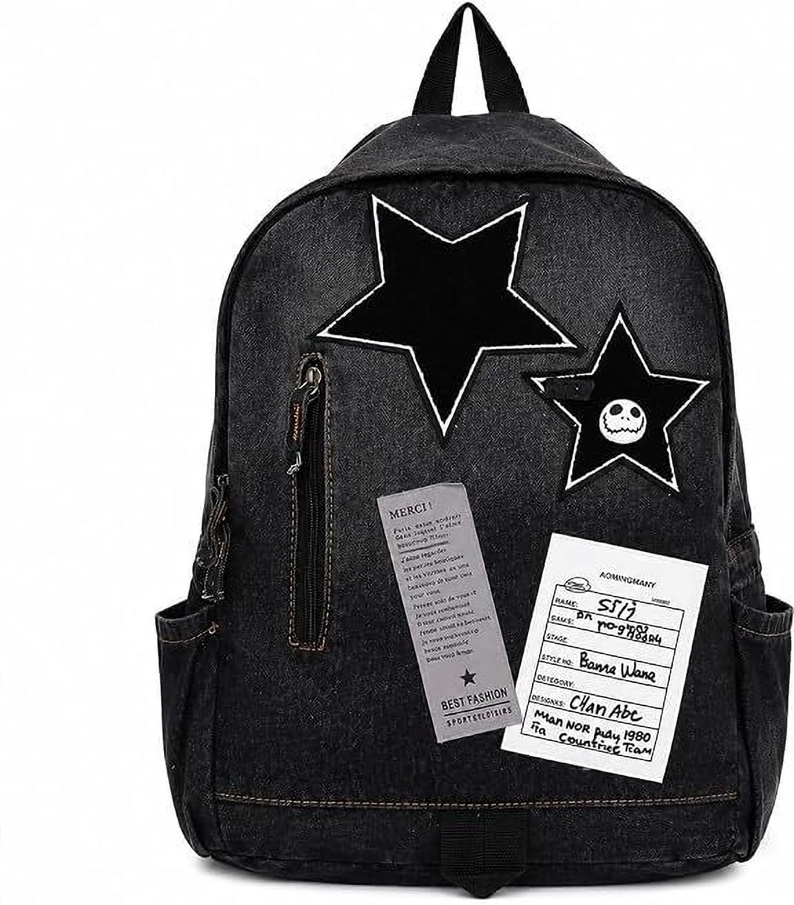 Star Patch Black Denim Casual Backpack for School College Travel Waterproof Backpack-image-4