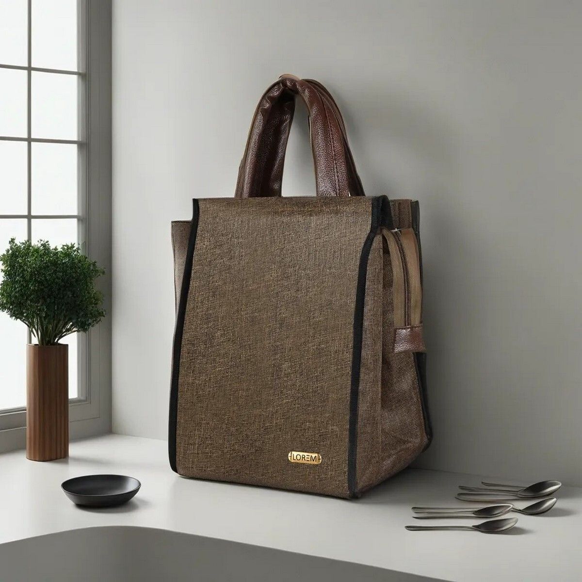 CM-TB09 Khaki Linen Insulated Lunch/Tiffin/Storage Bag Men & Women Office,School Waterproof Lunch Bag-image-24