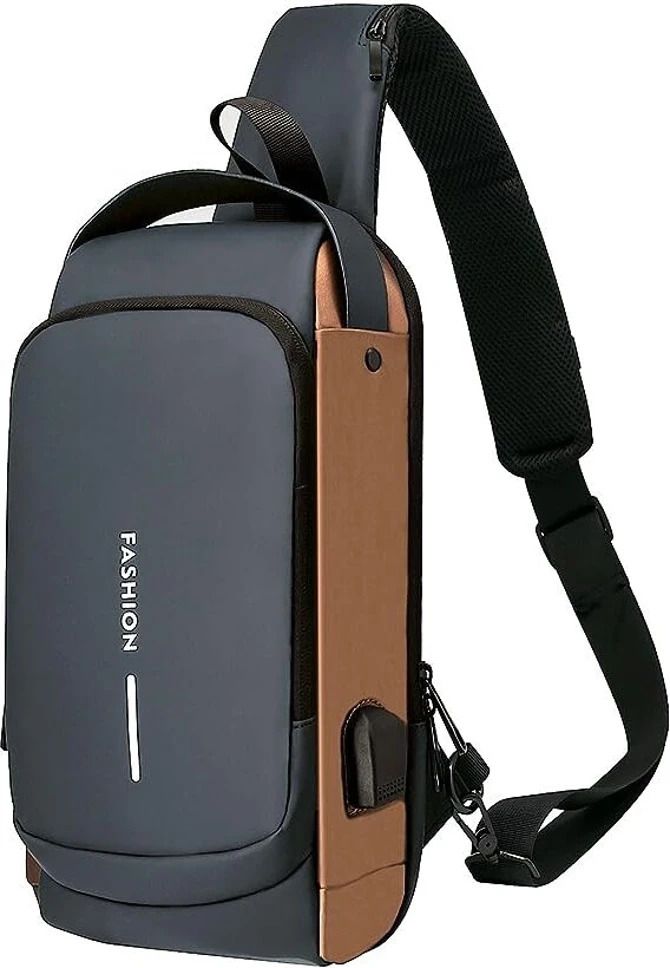 Sueriv Anti-theft Sling Bag Men Chest Crossbody USB Charging Port Waterproof (Grey) Sling Bag-image-0