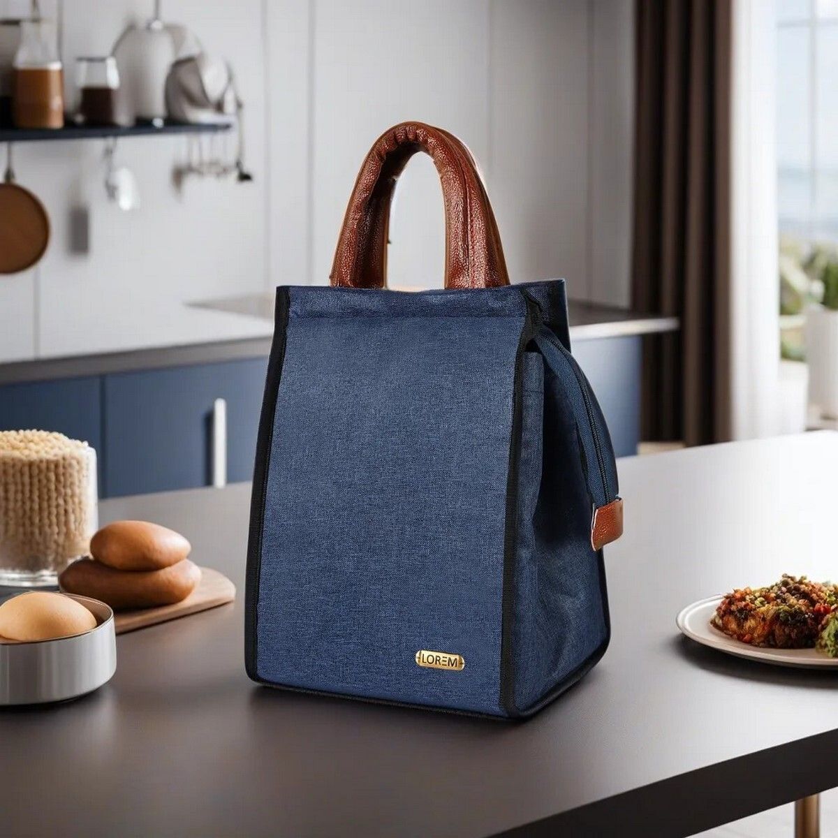 FZ-TB07 Blue Linen Insulated Lunch/Tiffin/Storage Bag Men & Women Office, School Waterproof Lunch Bag-image-5