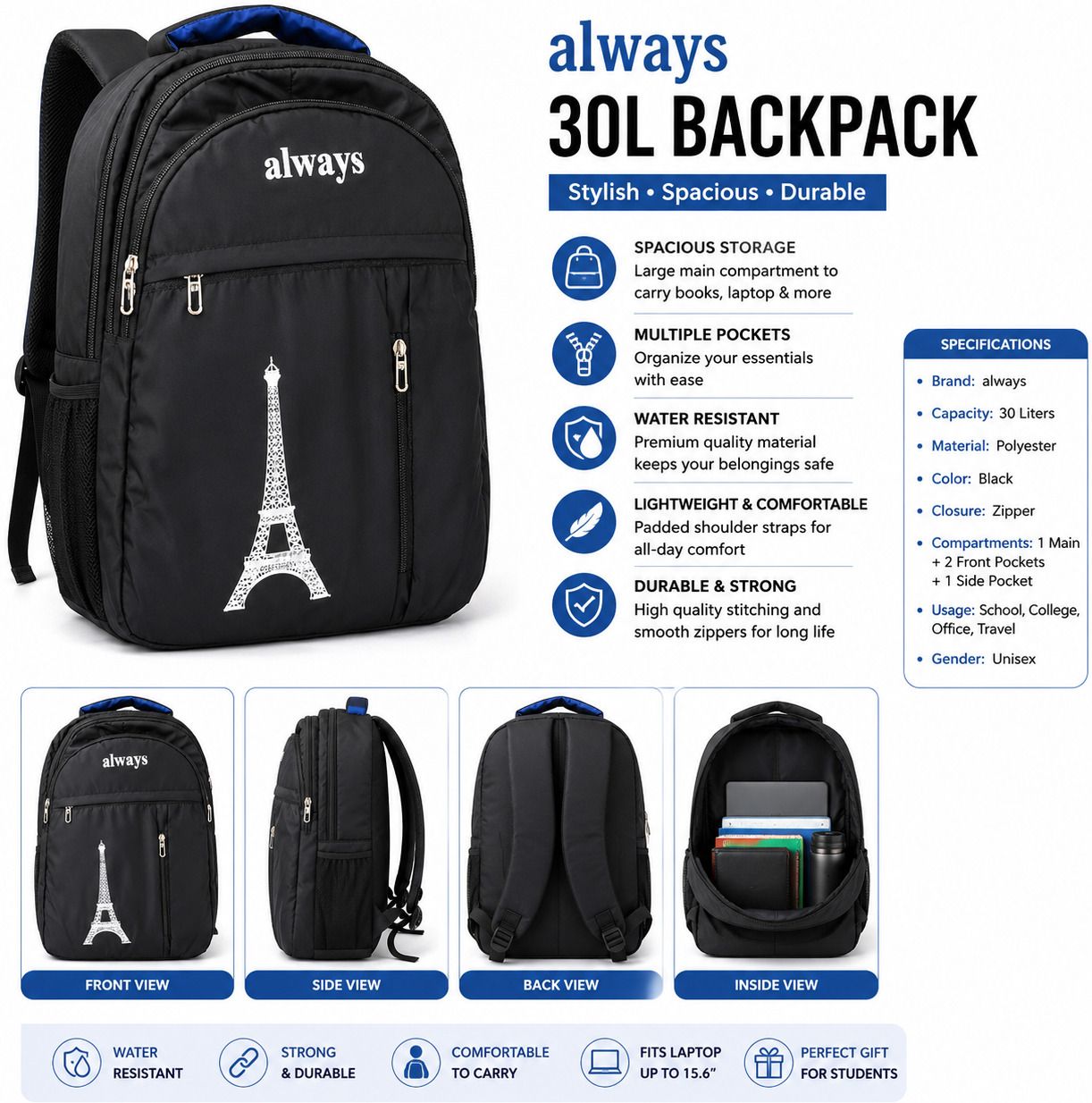 anstore 30L Unisex School & College Backpack | Water-Resistant Laptop Backpack Waterproof Backpack-picture-24