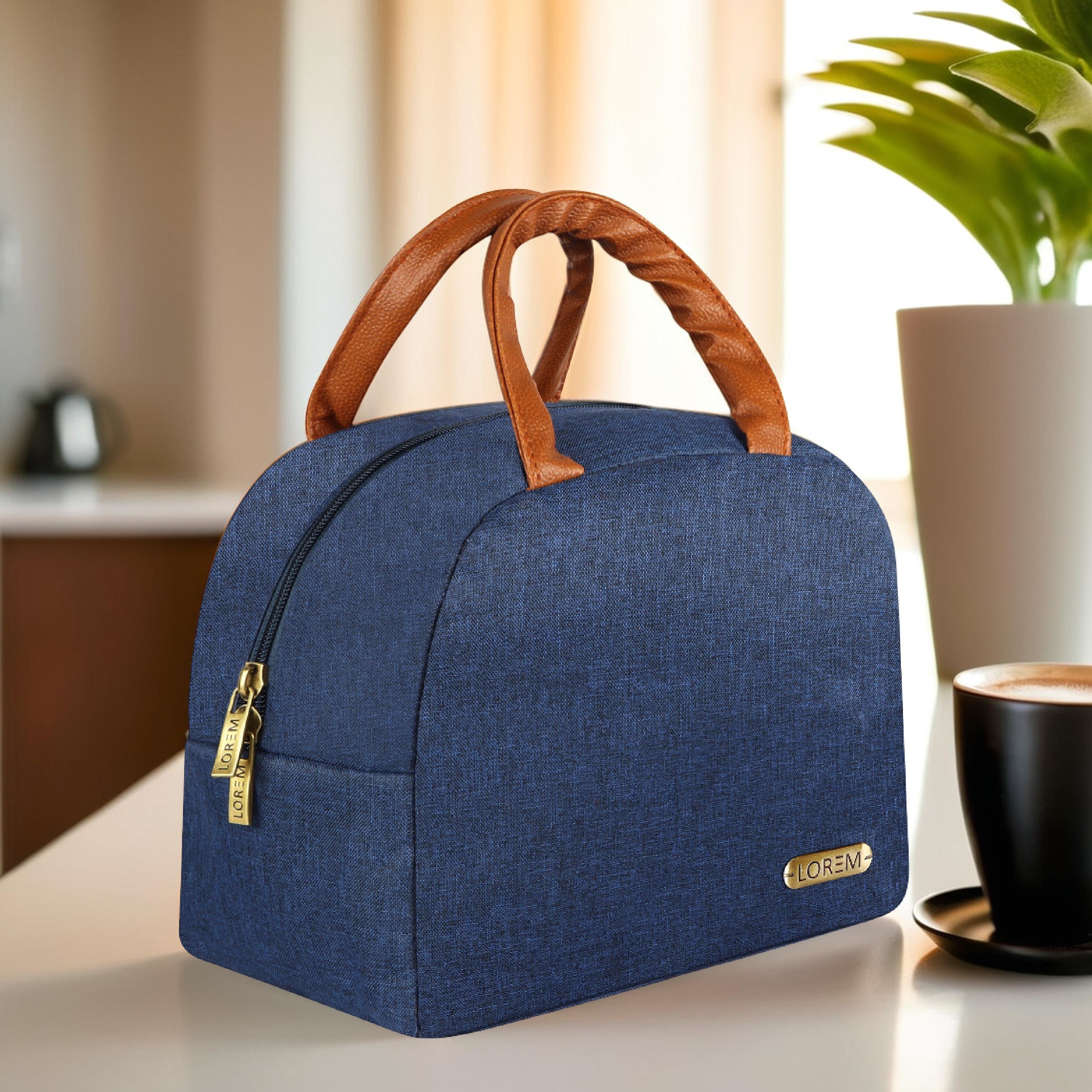 lorem Blue Insulated Tiffin Bag with Leather Handle for School, Office & Outdoor Waterproof Lunch Bag-picture-26