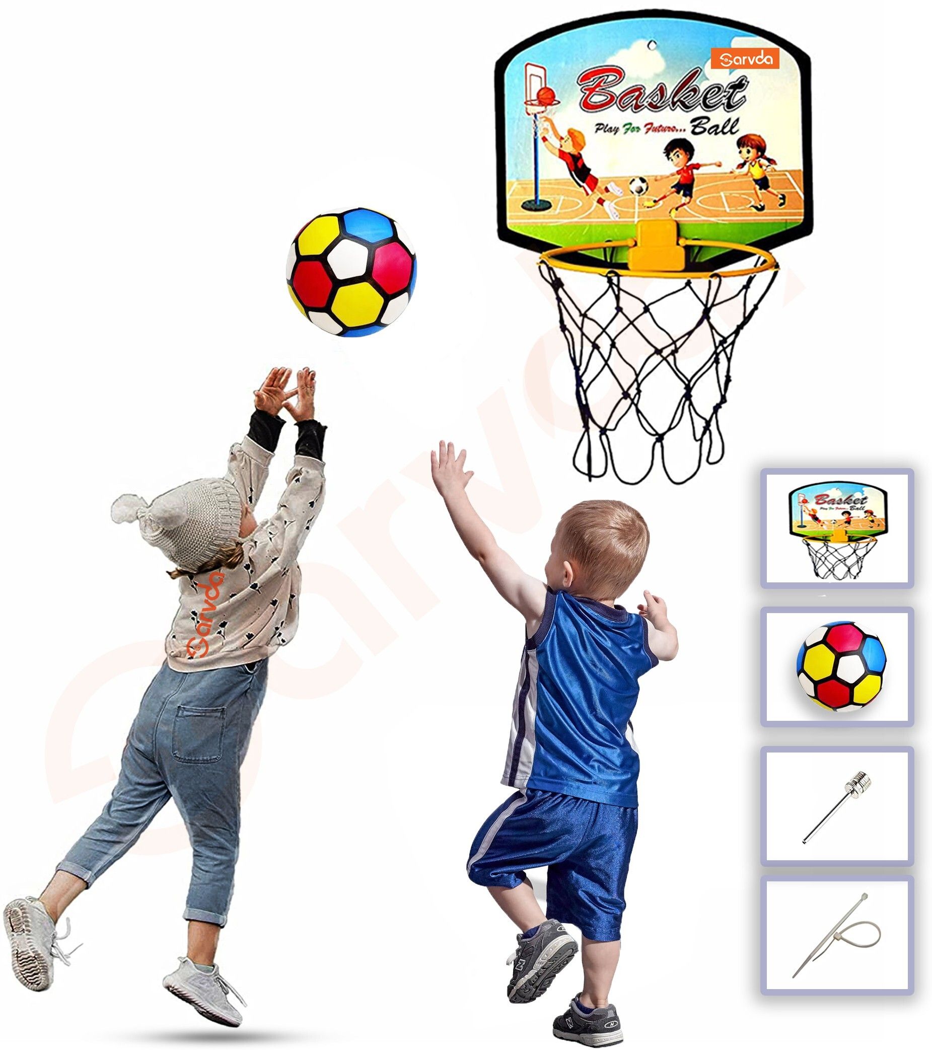 Basket Ball For Kids | Set of Board Net, Rubber Ball, Inflating Pin , 2 Ties | Basketball - Size: 5-image-42