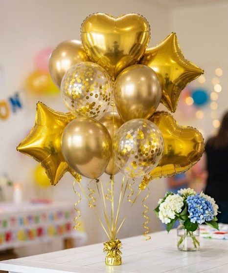soi Solid Gold Balloon Bouquet Kit with Chrome Confetti Heart Star Mylar Balloons Set Balloon-picture-3