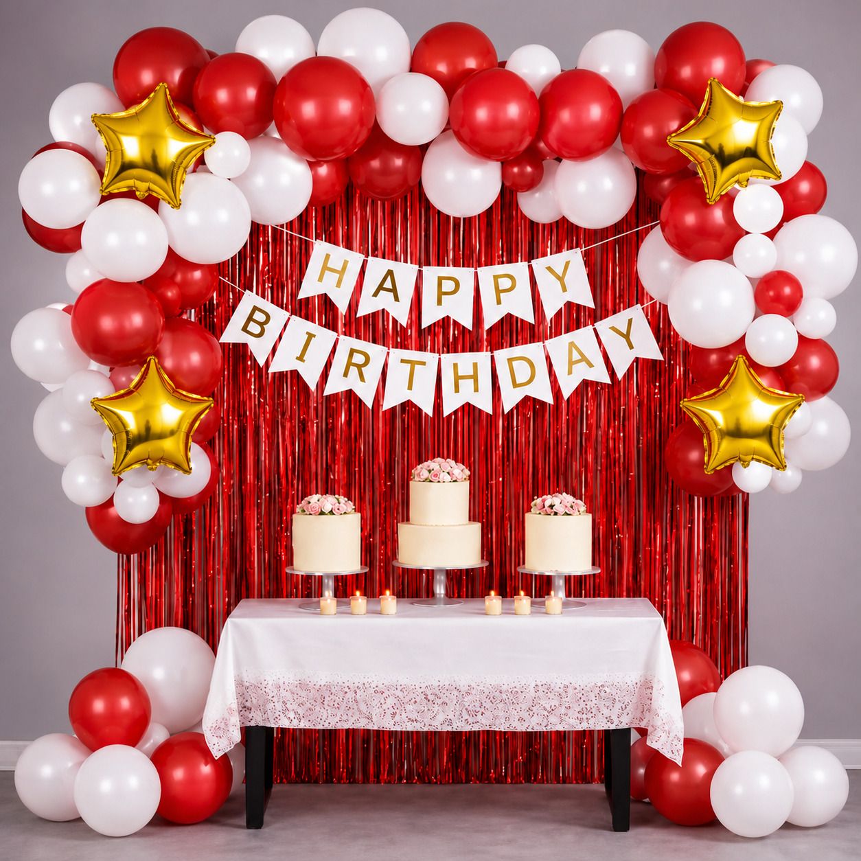 Red Birthday Decoration Set with Foil Curtain & Gold Stars-image-2