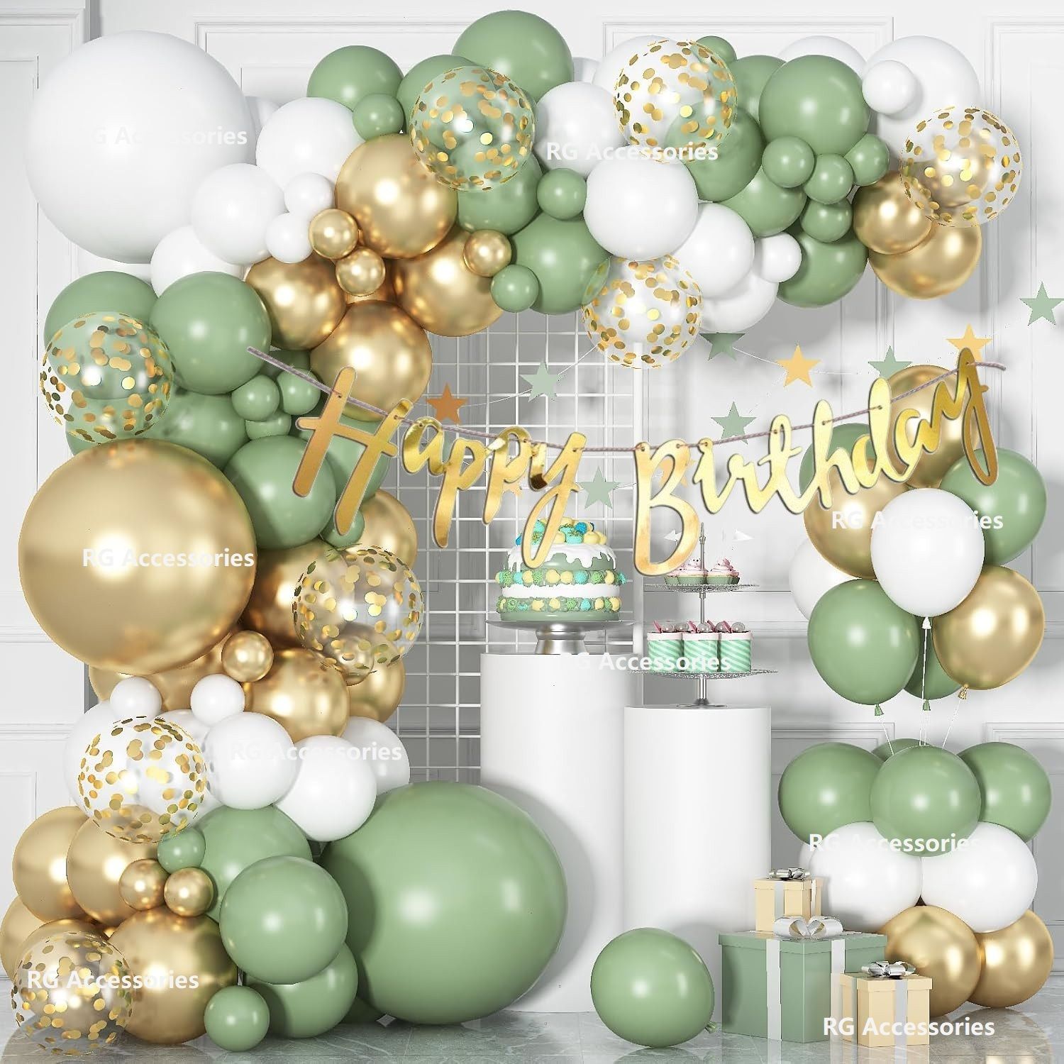 Solid Olive Green White golden balloon Combo kit 51 pcs-A Balloon-image-32