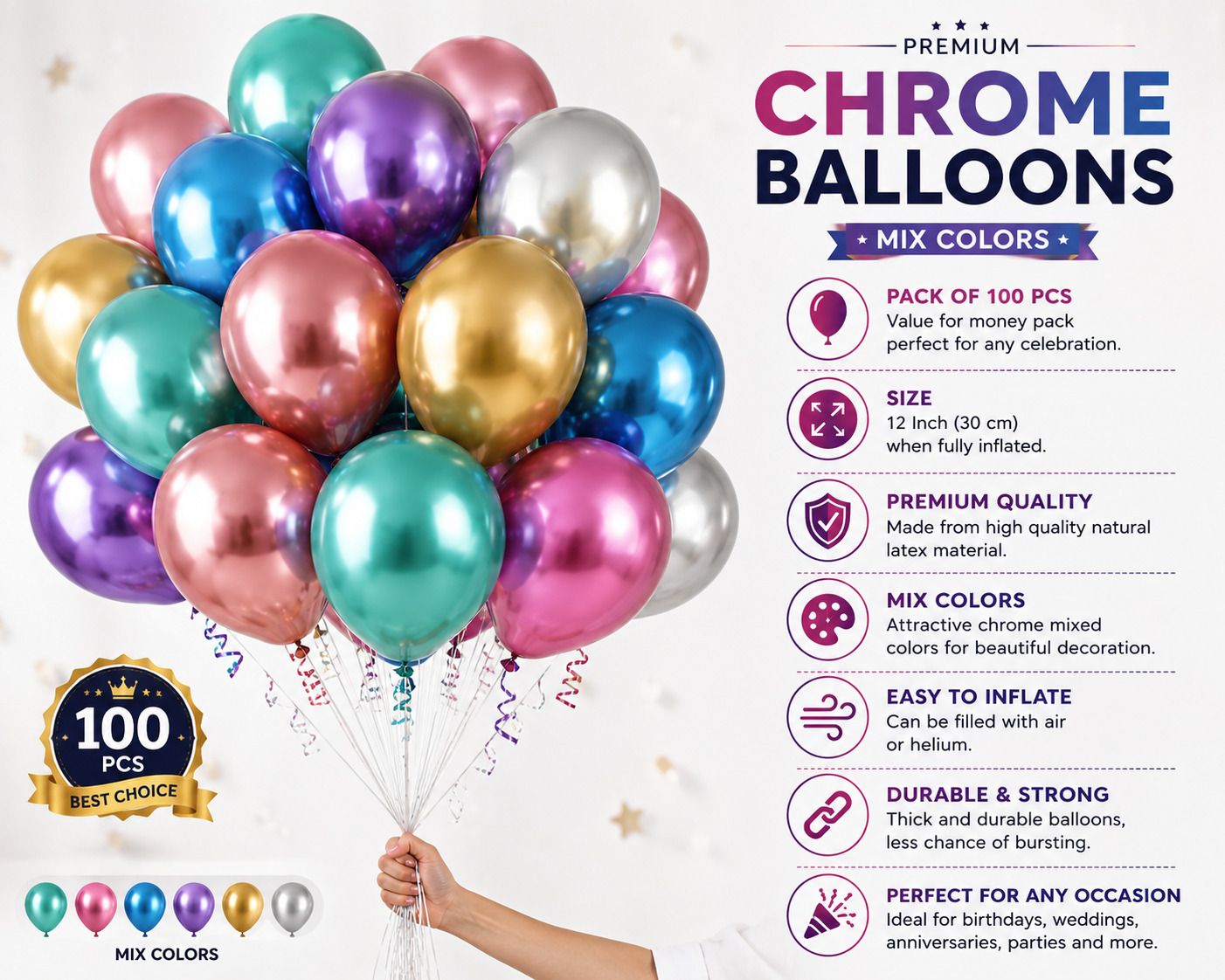 theurbancrest Solid Chrome Balloons Pack of 100 Mix Color | Premium Metallic Latex Balloons Balloon-picture-10