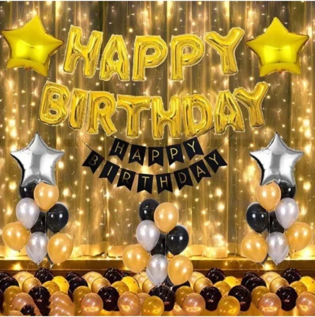 mooke Solid HBD Kit-1Foil1Banner,1Led Light,1AirPump,15Black15Silver15Golden2Gold&SilverStar Balloon-picture-10