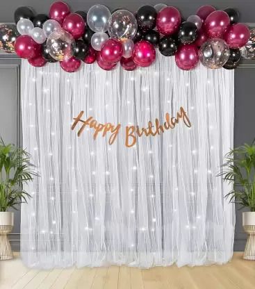 Solid Burgandy Net Birthday Decoration kit set Combo with LED for Kids & Adults Balloon