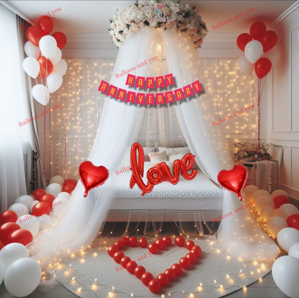 balloon and you Solid Happy Anniversary Decoration Kit With White Net & Led Light & Balloon-picture-0