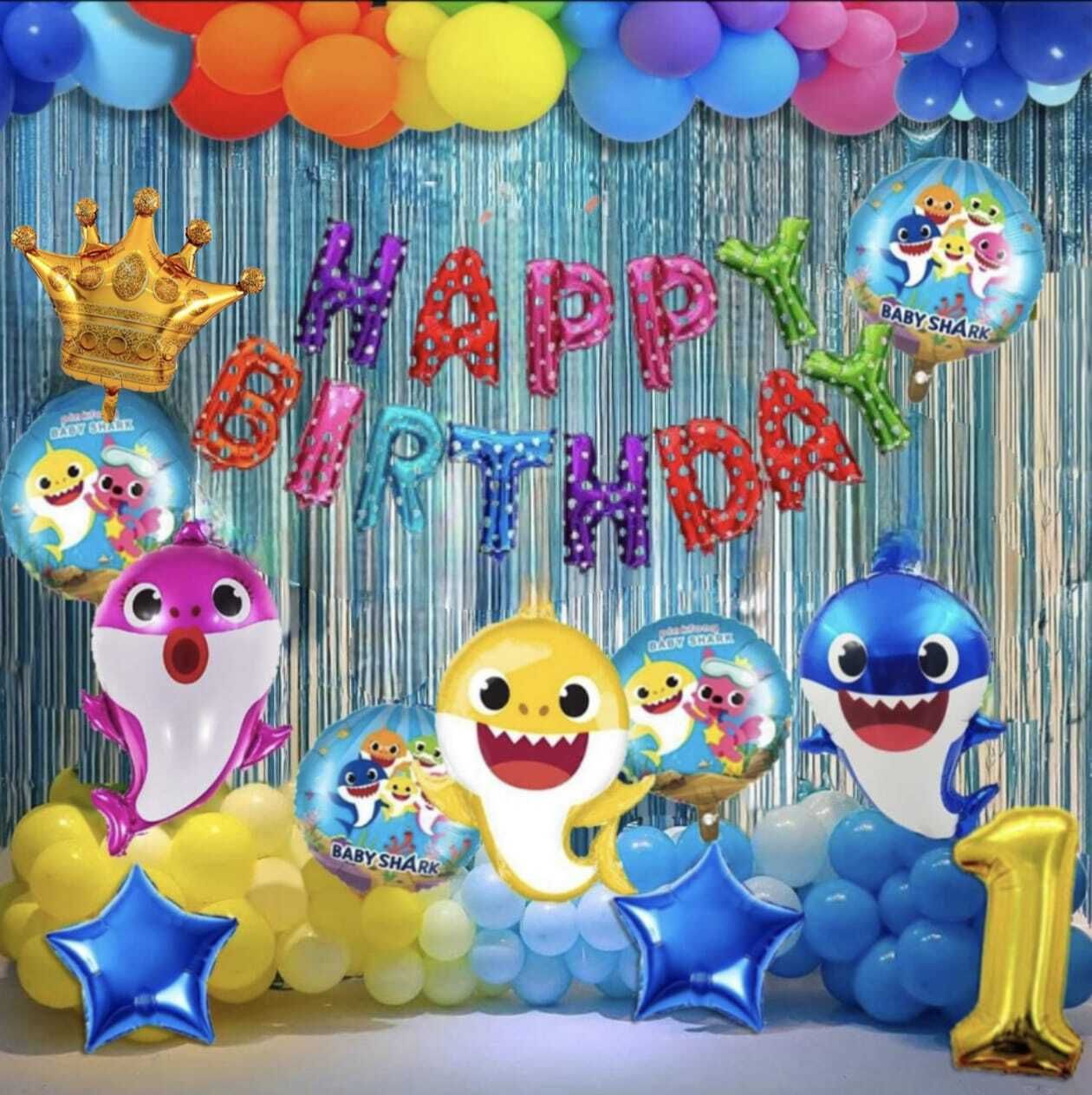 r2r Printed Baby Shark Birthday Decoration for Kids with Foil Balloon & Pump, Crown Foil Balloon-picture-15