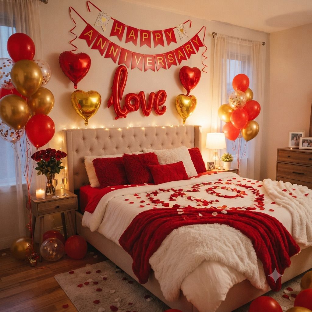 jaanki decorations Solid Anniversary decoration combo with banners and cursive LOVE Balloon-picture-35